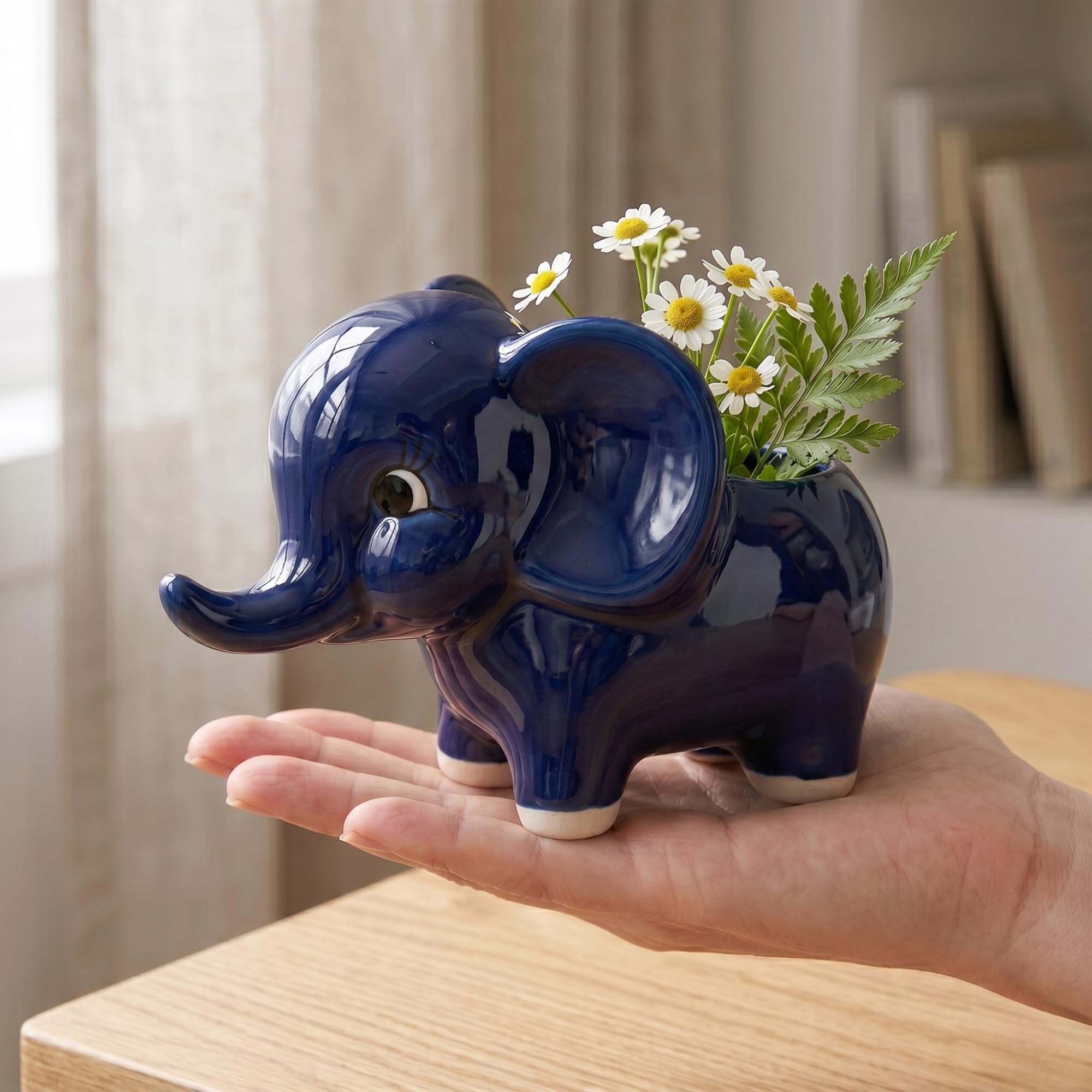 HANDECORA Decorative Blue Elephant Planter Pot for Succulents and