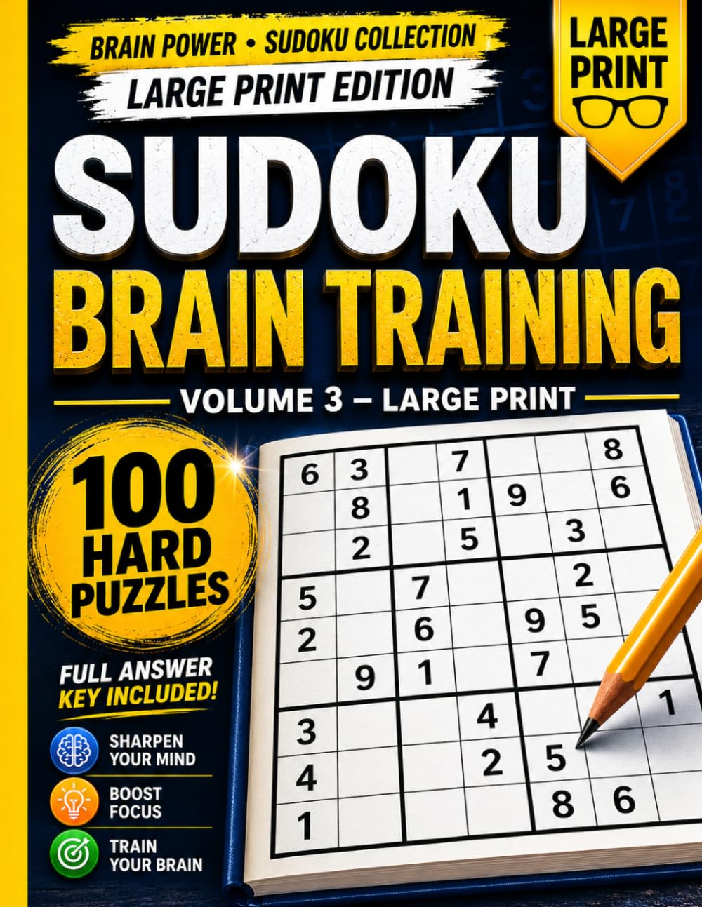 Sudoku Brain Training: Volume 3 Large Print: 100 Hard Puzzles in Large Print " Your Brain's Most Intense Workout, Full Solutions
