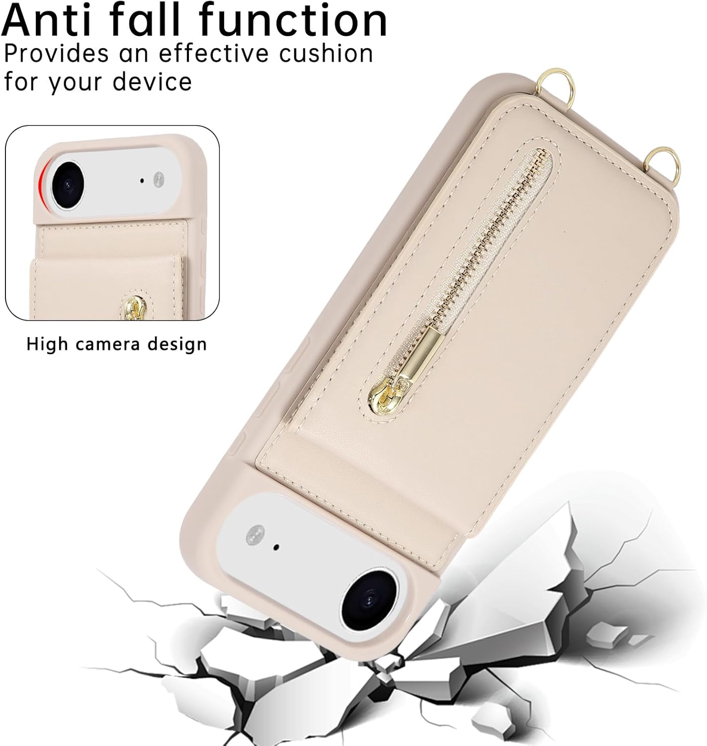 Crossbody Wallet Case for iPhone 17 Air, with Card Slots Zipper Pocket Case, Flip Folio Purse RFID Blocking with Detachable Strap-Beige - Image 4