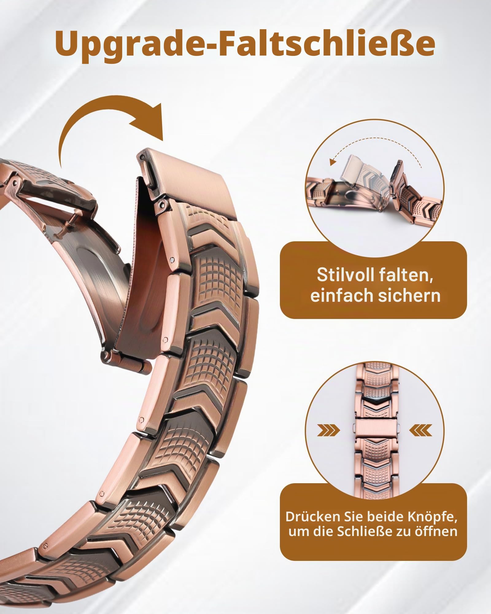 Jeracol Kupferarmband und 3 x Magnetarmband für Herren, mit 3 Reihen ultrastarken Magneten und einzigartiger Faltschließe