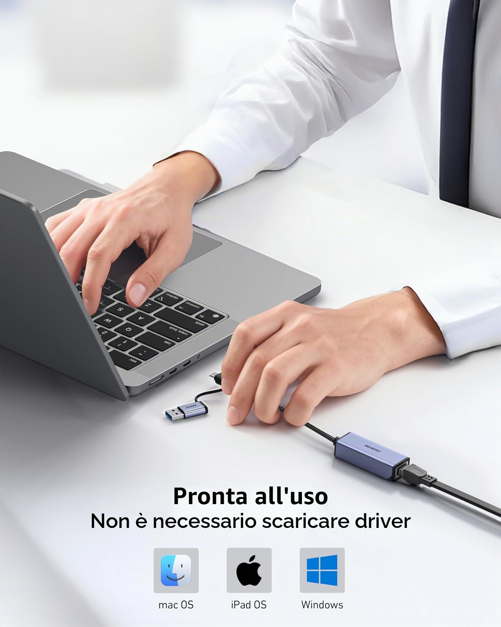 BENFEI Adattatore USB 3.0 a Ethernet RJ45 Gigabit LAN 1000Mbps USB-C compatibile MacBook Surface Pro Windows Mac OS Guscio in alluminio cavo in nylon