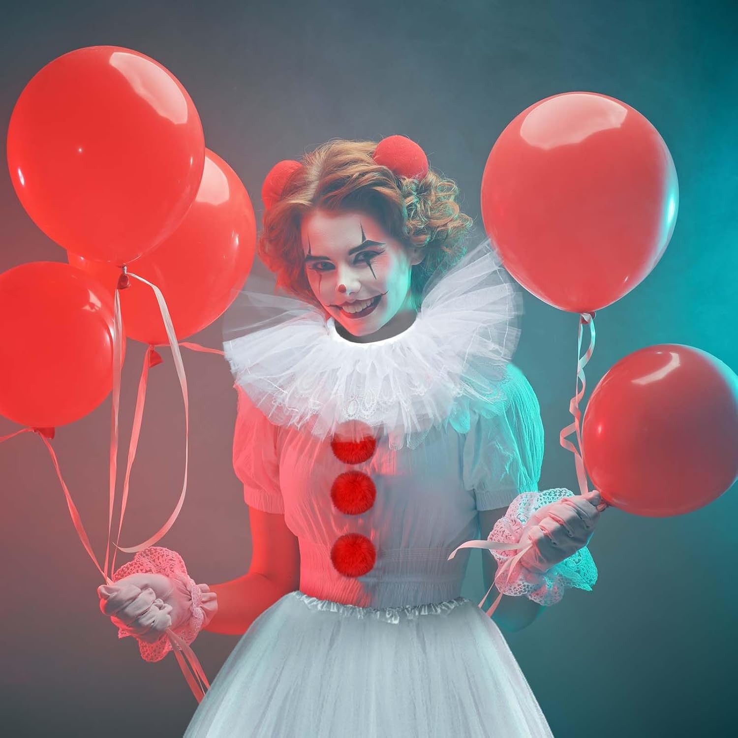 6Pcs Halloween Clown Cosplay Set for Women Including White Tutu Skirt White Gloves Collar Grey Striped Socks for Halloween Cosplay Supplies - Image 4