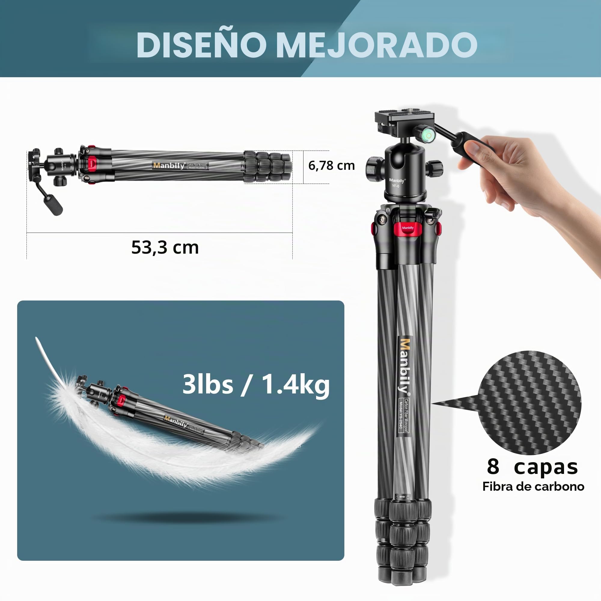 Trípode de Cámara Manbily 162cm Tripode para Movil Monopie Portátil para Viaje Trípode Camara DSLR Ligero Fotografía Monopié de Fibra de Carbono con 360° Panorámica Rótula de Bola Video (YS-254C+YF-0)