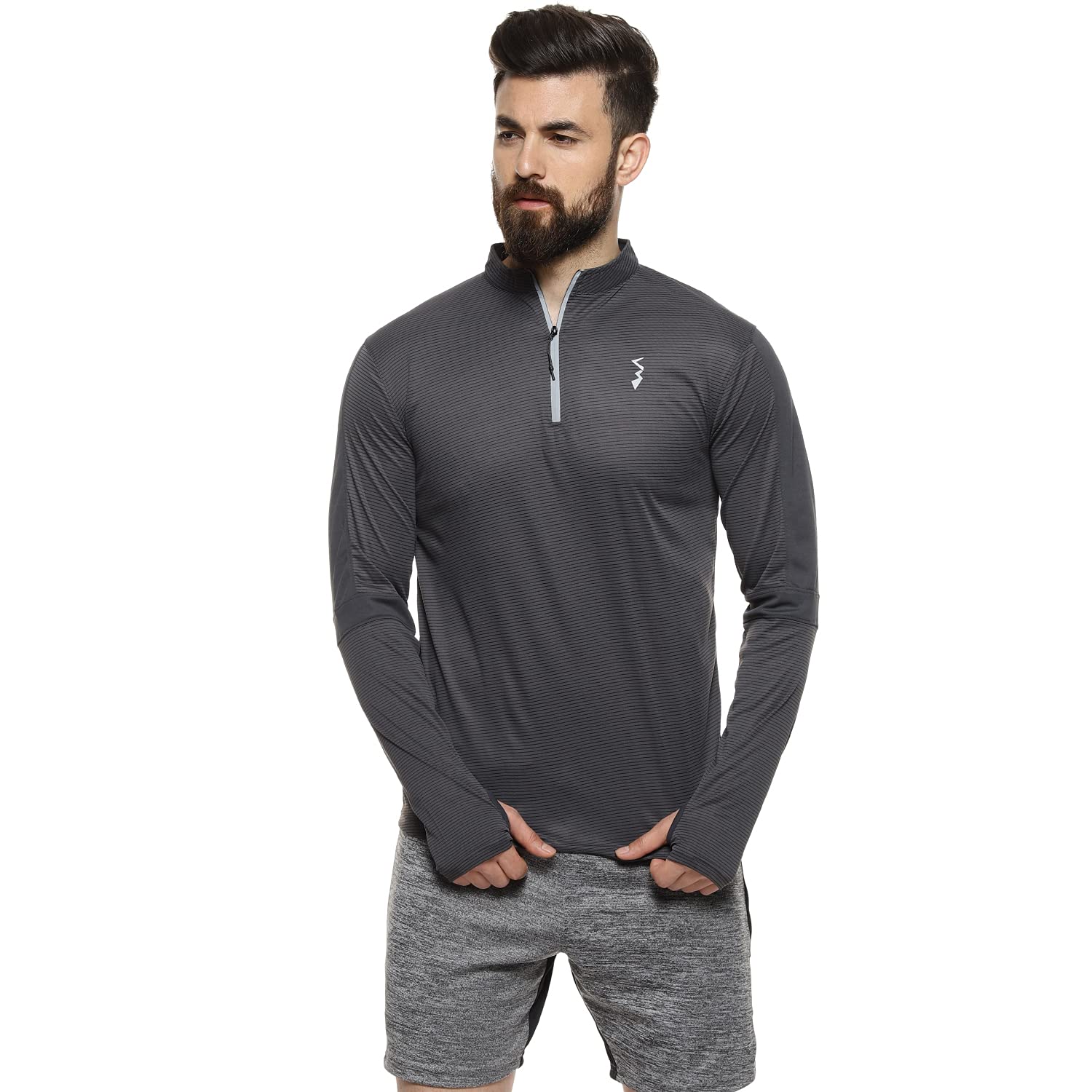 Campus Sutra Camiseta básica deportiva para hombre para uso casual, cuello alto, manga larga, cierre de media cremallera, camiseta de poliéster fabricada con ajuste cómodo para el uso diario