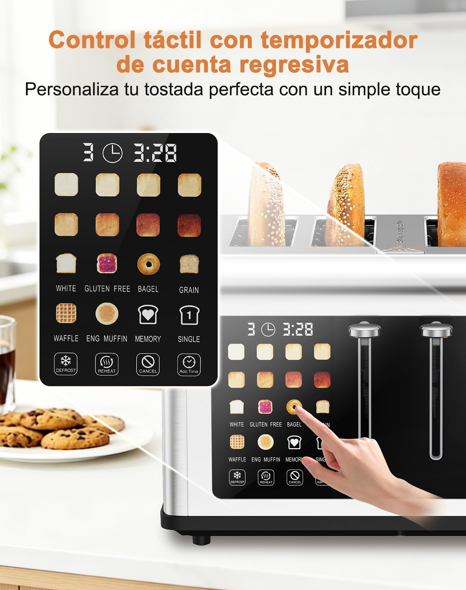 Tostadora de 4 Ranuras, Pantalla Táctil, 8 Niveles de Tostado, 6 Programas de Pan, Función Descongelar y Recalentar, Acero Inoxidable para Bagel Muffin Gofre, 1760 W