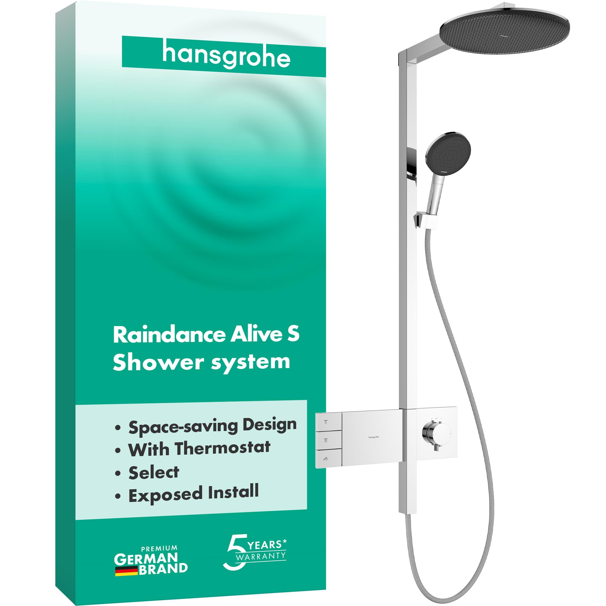 hansgrohe Raindance Alive S - komplet prysznicowy z termostatem, zestaw prysznicowy z główką prysznicowa, wąż, szyna i deszczownica 2-strumieniowa (PowderRain) (300 mm), chrom, 24595000
