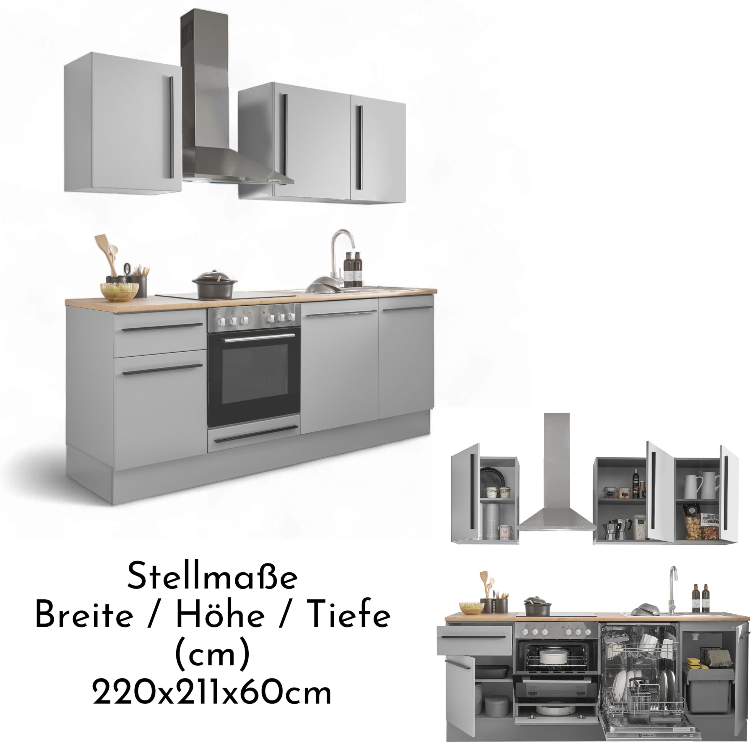 Denver Moderne Küchenzeile ohne Elektrogeräte in Grau, Lancelot Eiche Optik - Geräumige Einbauküche mit viel Stauraum - 220 x 211 x 60 cm (B/H/T)