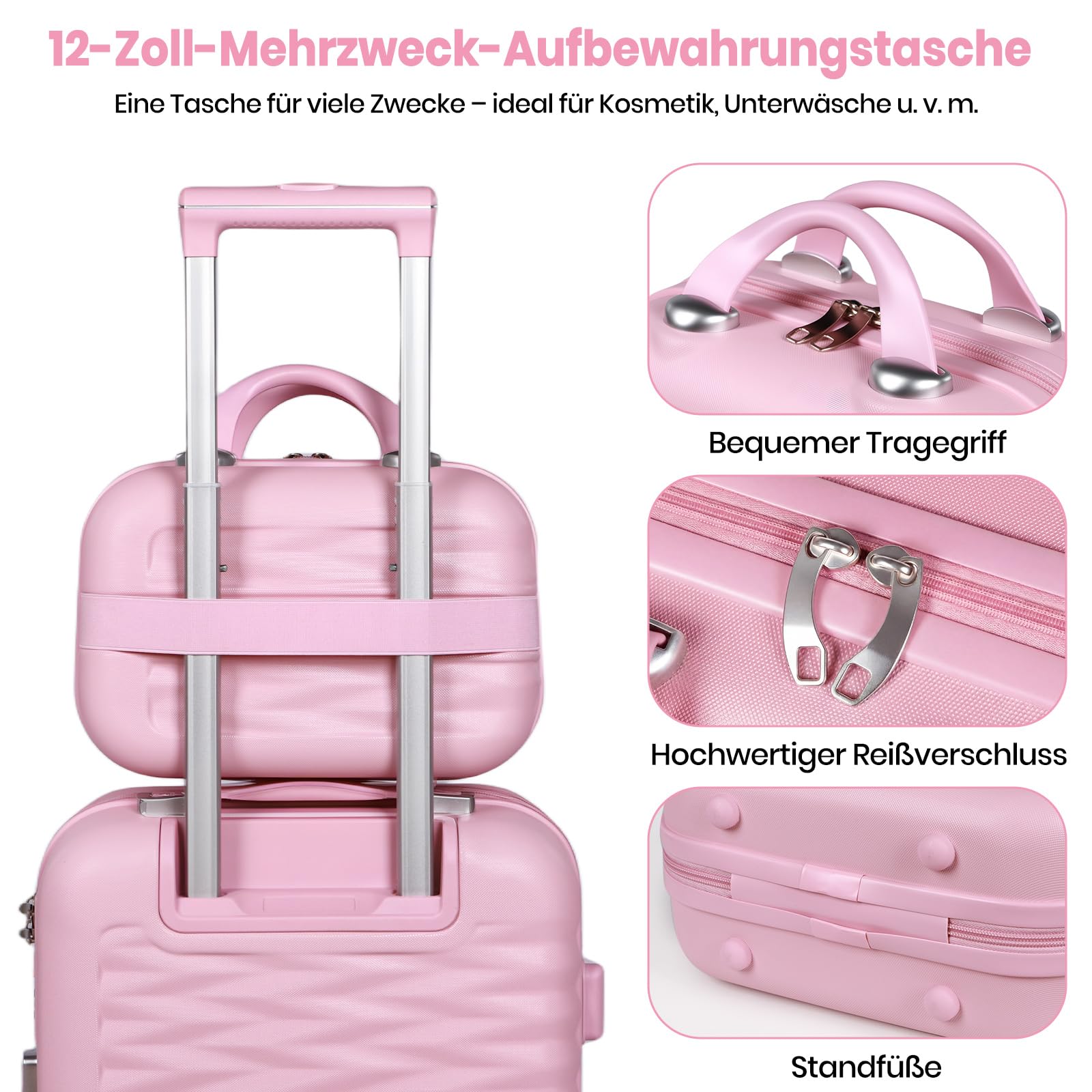 H.yeed 20 Zoll Handgepäckkoffer mit 12 Zoll Kosmetikkoffer, Leichtgewicht-Hartschale aus ABS, Trolley Reisekoffer mit 4 Doppelrollen, Rosa, 2-teilig
