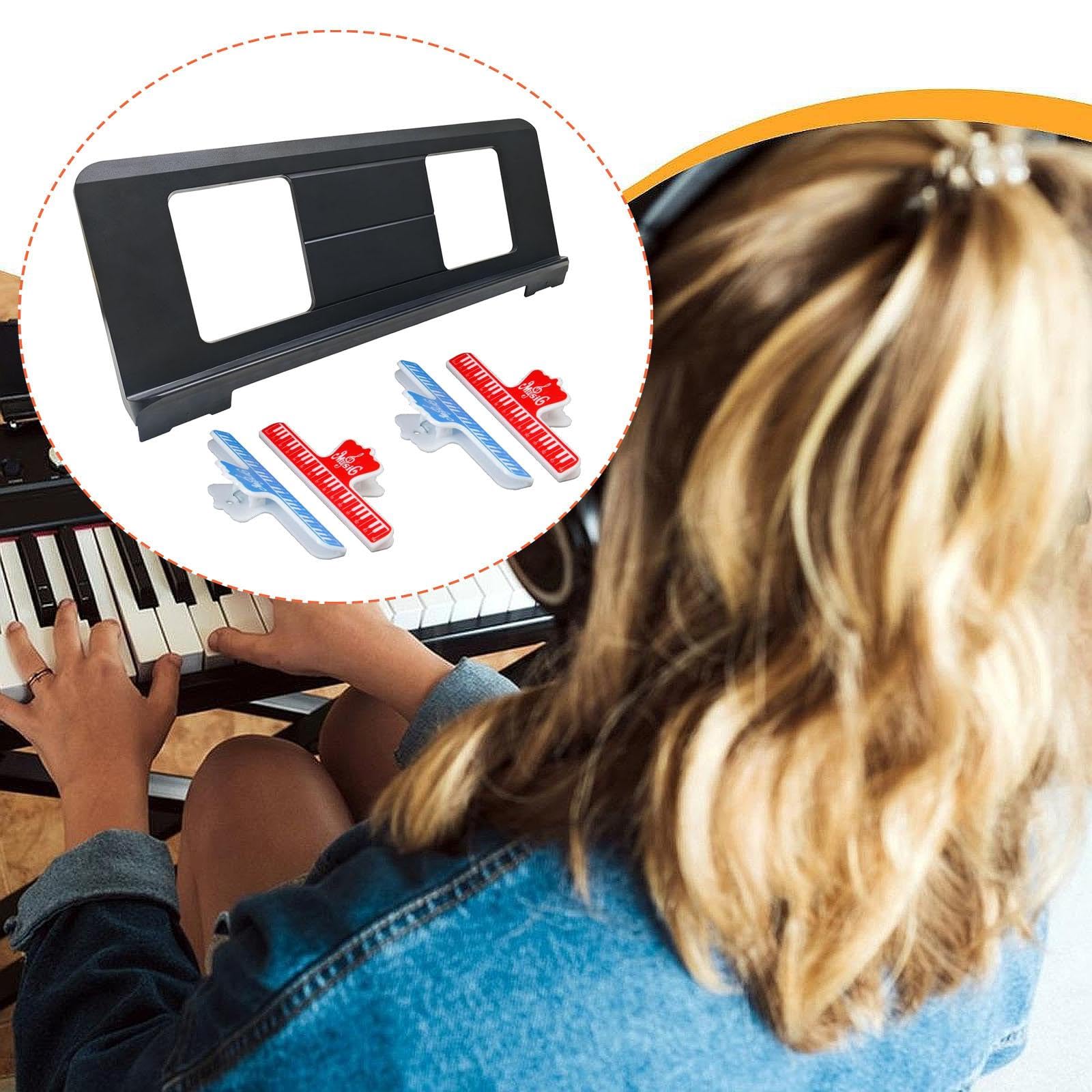 Harilla Support de Partition Piano pour Clavier Électronique Support de Partitions Musicales avec 4 Pinces Porte Livre Accessoire Instrument Convient, Clips Rouges et Bleus