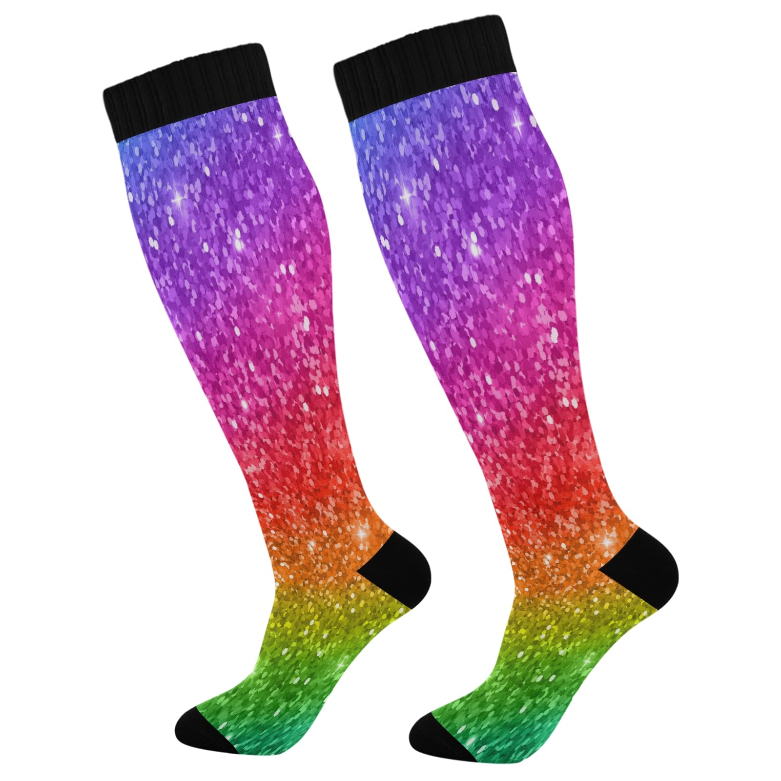 KLL Christmas Compression Socks for Men and Women Golden Glitter In Shiny Red Knee High Socks