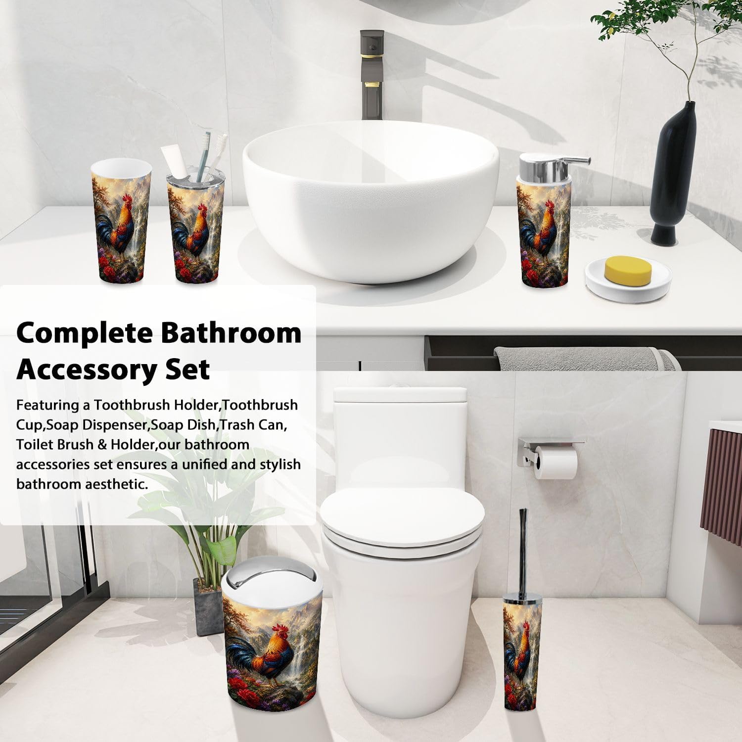Bathroom Accessory Set 6PCS Vivid Rooster Mountainous Landscape Waterfalls Colorful Flowers Trash Can, Soap Dispenser, Toothbrush Holder, Toothbrush Cup, Toilet Brush Holder, Soap Dish for Gift image 4