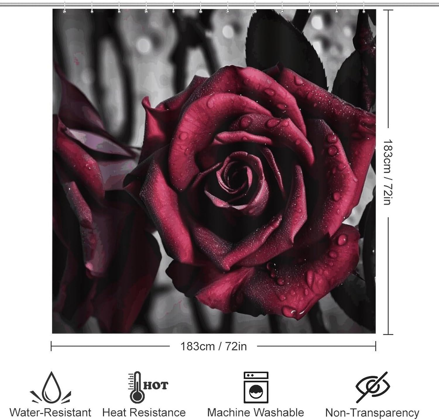 Gothic Roses Shower Curtain Set 4 Piece, Non-Slip Bath Mat with Toilet Lid Cover and Waterproof Shower Curtain with 12 Hooks, Complete Bathroom Set for Home Decor