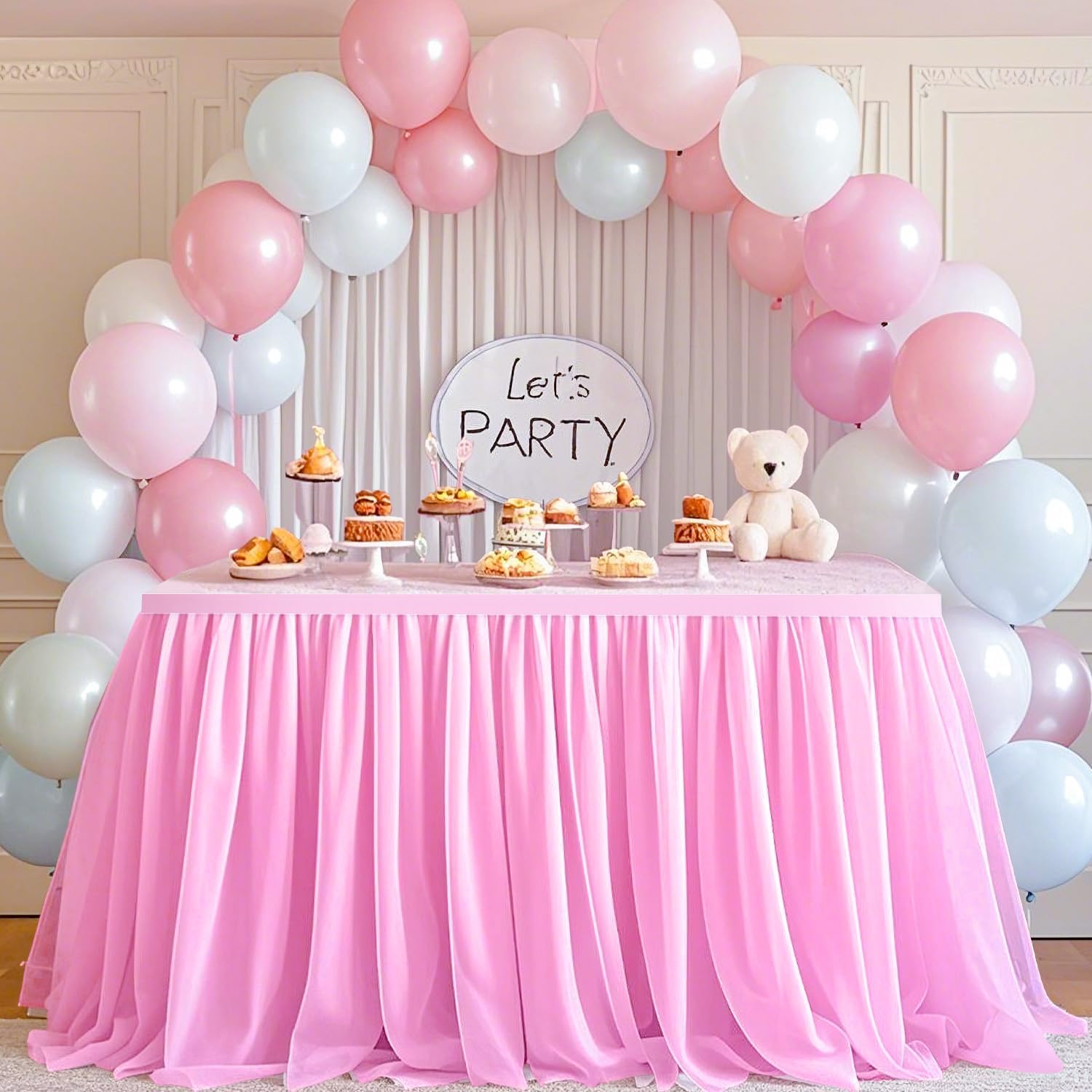 Pink Table Skirt for Rectangle Tables 9FT Long 2 Layer Tulle Table Skirts Floating Chiffon Tables Skirt for Rectangle Round Desk for Wedding Bridal Baby Shower Party Decorations