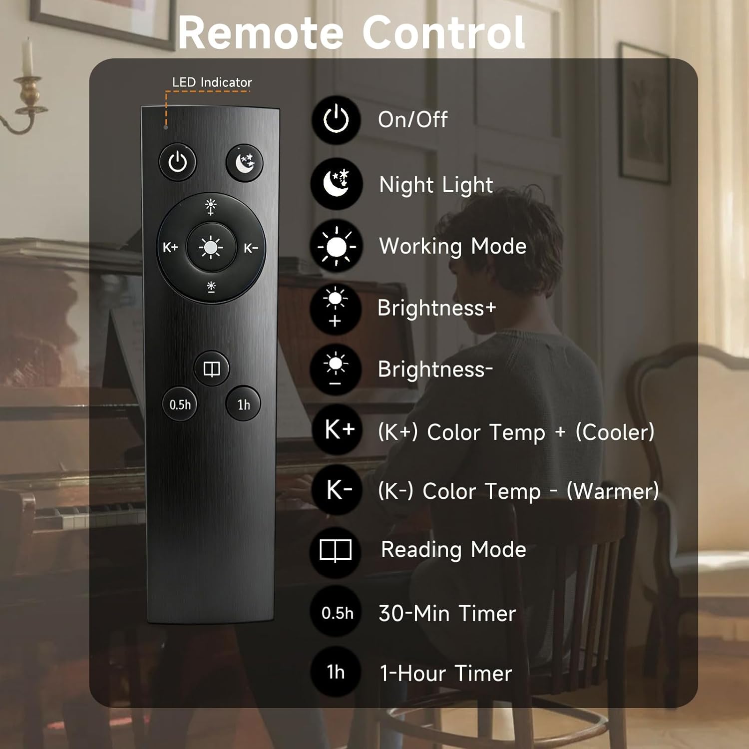 DUDUDU 15.75" LED Piano Light with Remote Control, 2-in-1 Weighted Base & Clamp Piano Lamp, 5 Color Modes (2700K-6000K), Stepless Dimming, 360° Flexible Gooseneck for Grand, Upright, Digital Pianos