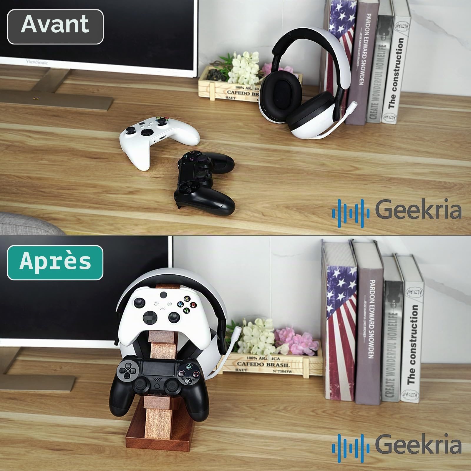 Geekria Support de Manette de Jeu Double en Bois Massif et Support de Casque, Support de Rangement de contrôleur pour PS4/PS5/Xbox/Switch/8BitDo, Accessoires de Jeu de Bureau universels