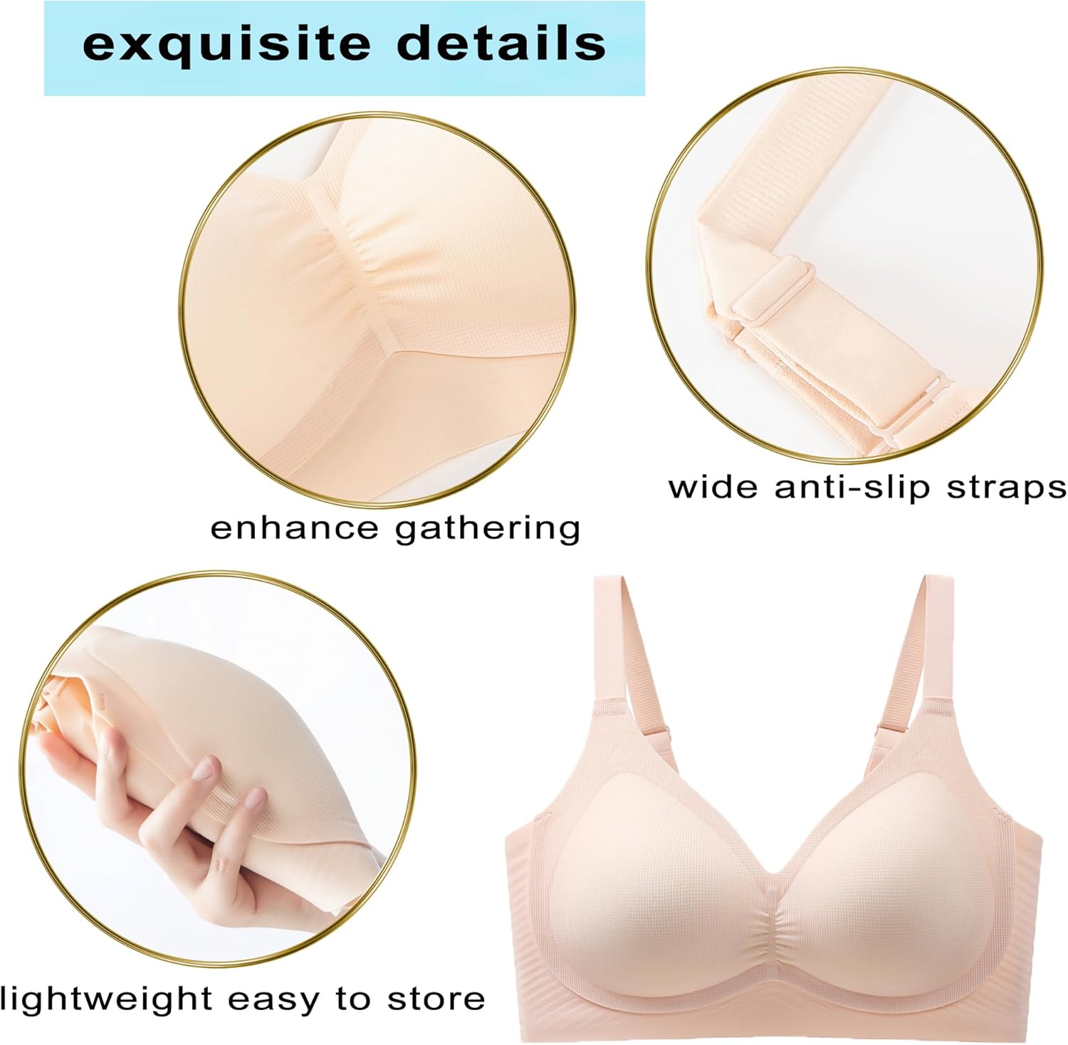 PRETTYWELL Wireless Bras for Women Molded Cup Comfort Seamless Push up No Underwire V-Neck Everyday Bra A to D Cup
