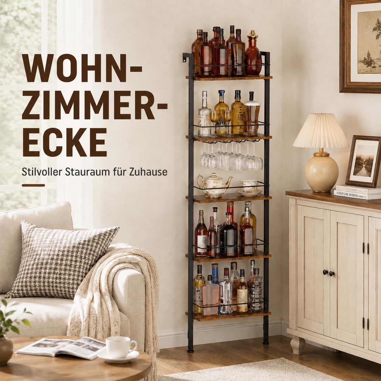 Yorbay 5-Stöckiges Freistehendes Weinregal mit LED-Beleuchtung | Industriestil Flaschenregal mit Glashaltere und Geländer - Schmal Weinständer mit Wandmontage für Küche Esszimmer Bar