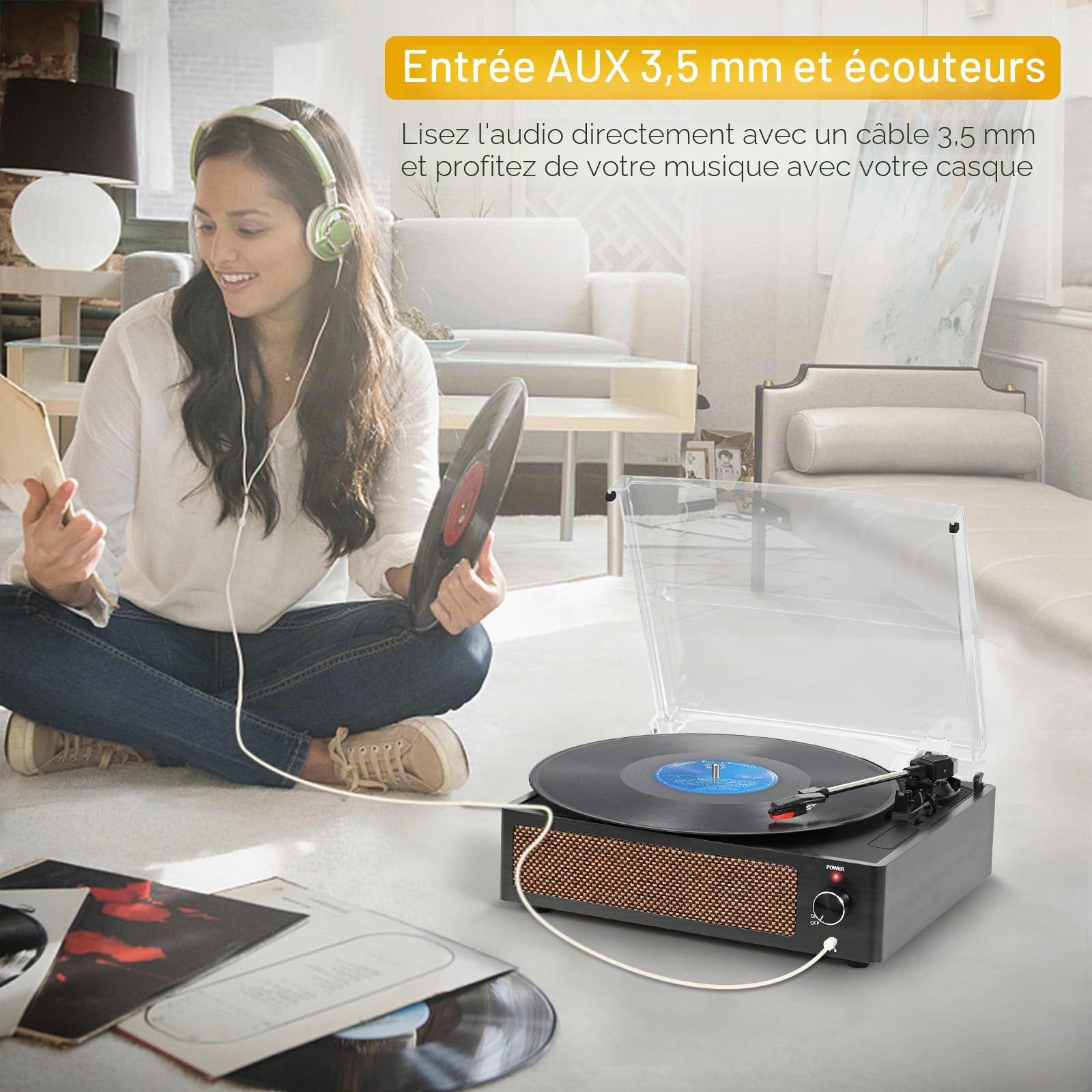 Vintage Platine Vinyle avec Haut Parleur, pour disques vinyles, Prise en Charge 3 Vitesses, Lecture sans Fil, entrée AUX, Ligne RCA LP lecteurs vinyles rétro Noir