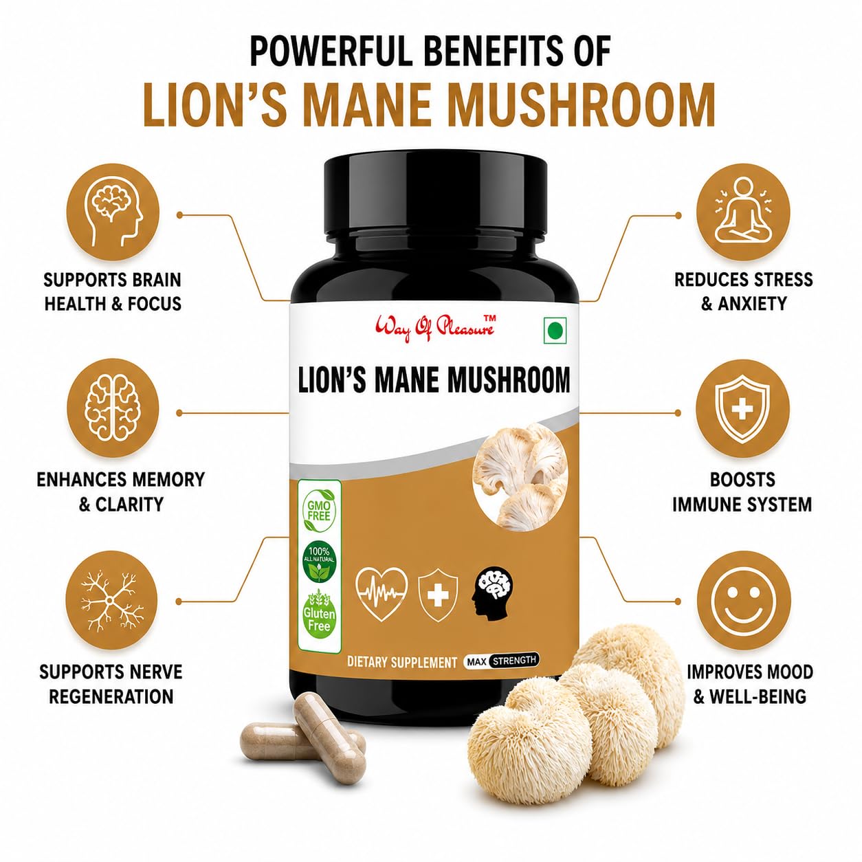 Way Of Pleasure 60 Capsule With Active Ingridients Lions Mane Mushroom Digestive, Healthy Heart, Immune System, Brain & Nerve, Lions mane supplement Capsule — Amazon image 3