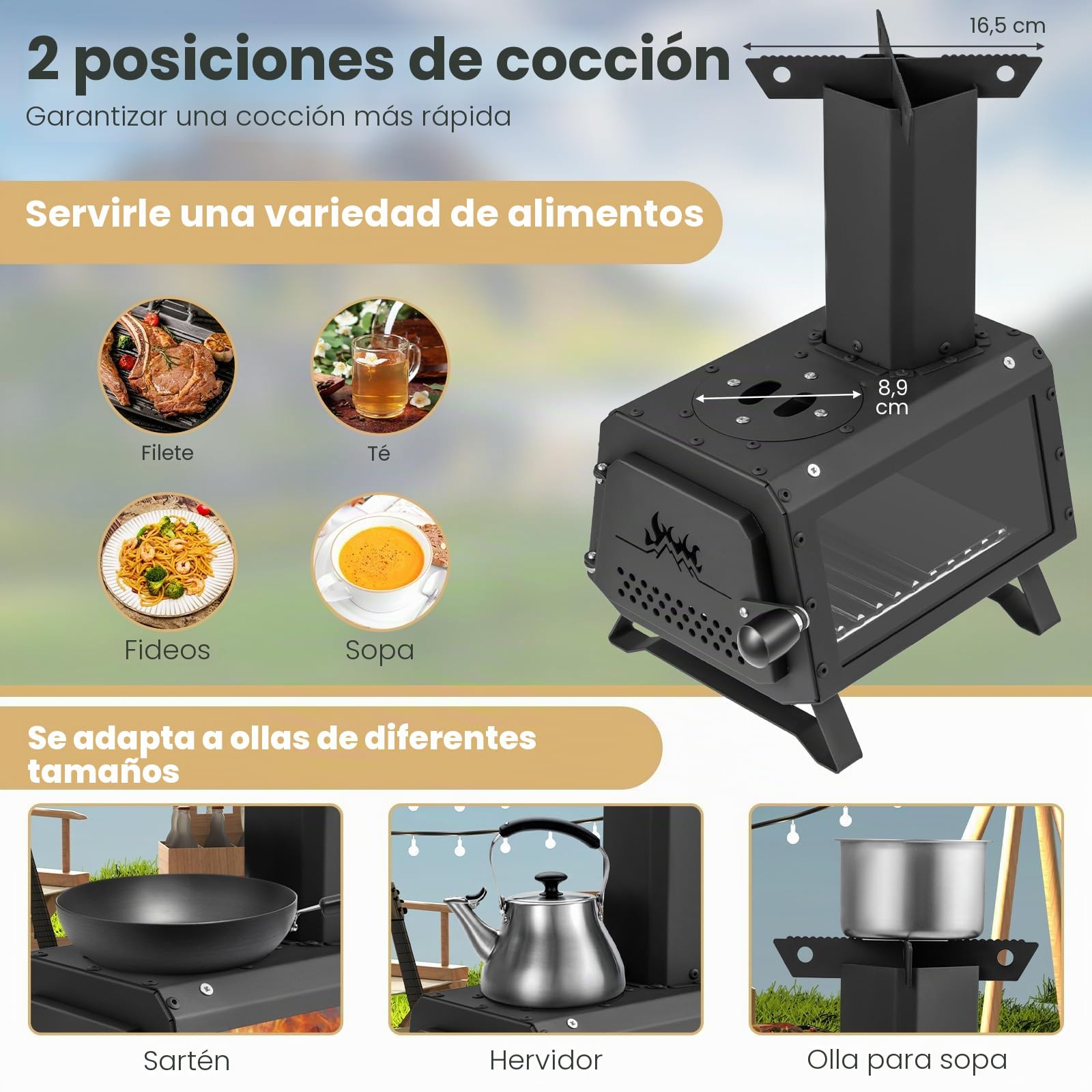 FANTASK Estufa de leña portátil, Estufa cohete para exteriores incl. 2 superficies de cocción con ventana de visualización y bandeja de cenizas, Estufa para tienda de campaña, Estufa de camping para
