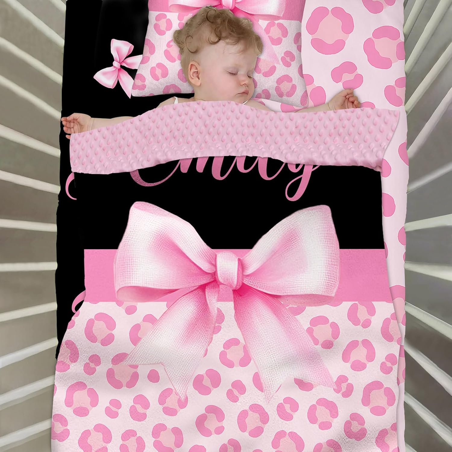 Custom Baby Girl Crib Bedding Set – Pink Bow with Pink Leopard Personalized 3-Piece Nursery Set with Name, Minky Dot Blanket, Fitted Sheet & Pillowcase, Baby Bedding for Newborns & Toddlers