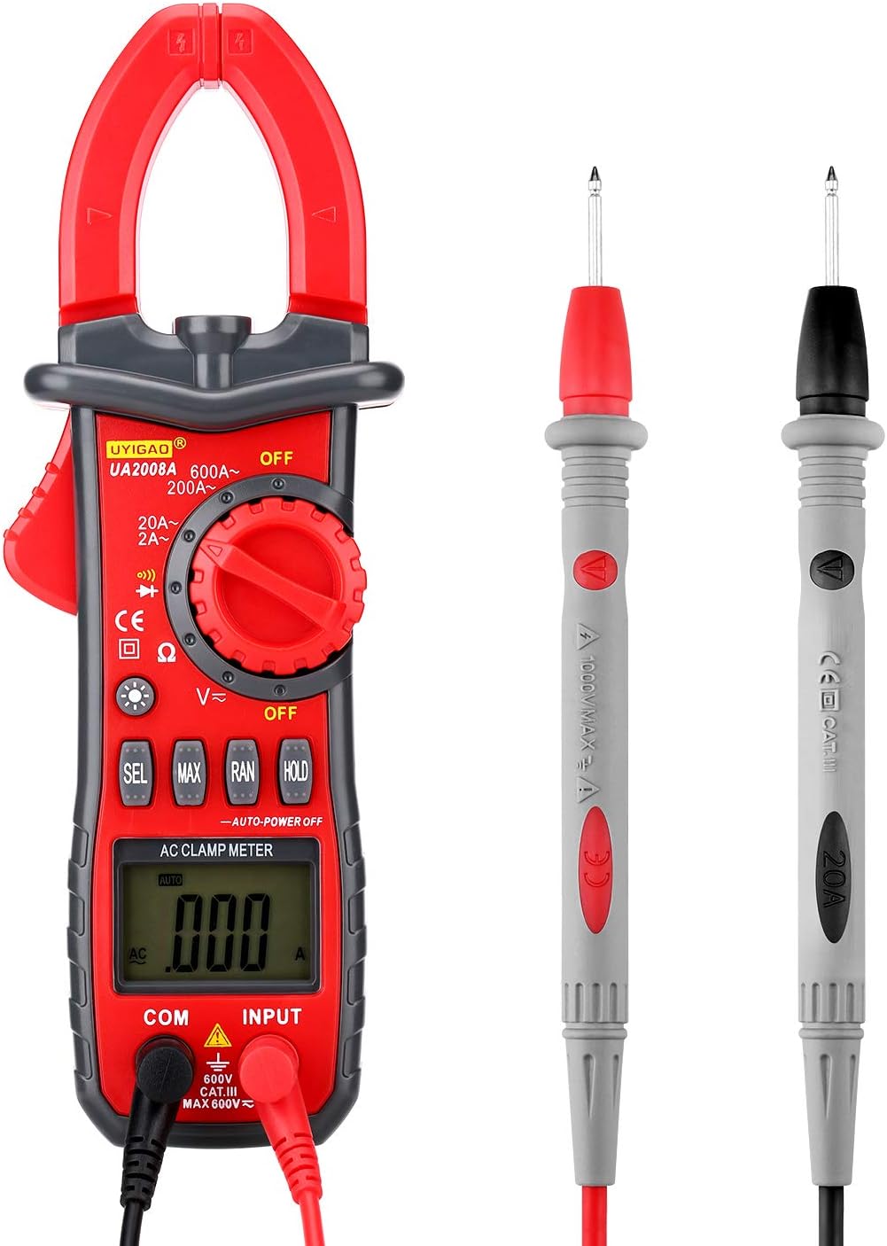 Digital Clamp Multimeter, Auto range Clamp Meter Electronic AC DC Voltage AC Current Resistance Diode Tong Tester and Continuity Test Meter with Backlight LCD Display Flashlight