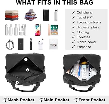 Kono Travel Duffel 14L Under Seat Carry-On Bag Black | Extra Small Sports Tote Gym Weekender Overnight Bag 13.78x7.87x7.87