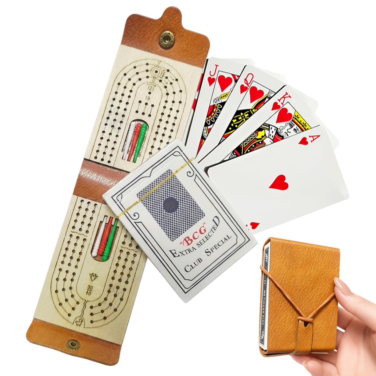 1 Set Cribbage Board with Pegs, Complete Wooden Cribbage Board Game Set with Playing Cards, Portable Travel Cribbage Board for Family Game Nights, Road Trips and Picnic Outings, Board Games