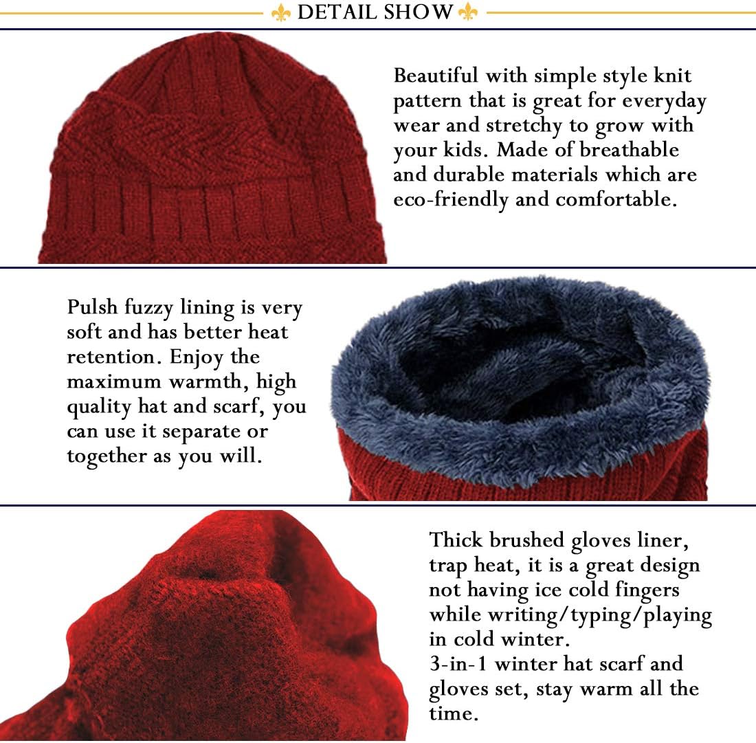 3Pcs Winter Hats Neck Warmer Scarf and Touch Screen Gloves Set for Kids