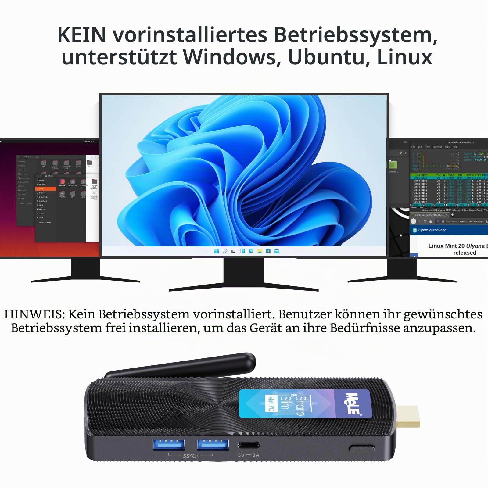 MeLE PCG02 Lüfterloses PC-Stick, N100 8GB 128GB, Ohne OS, Linux/Ubuntu | N100 bis zu 3.4GHz, 8GB Arbeitsspeicher, 128GB Speicher, Kein Betriebssystem vorinstalliert Dual-HDMI 4K, VESA-Halterung, ...