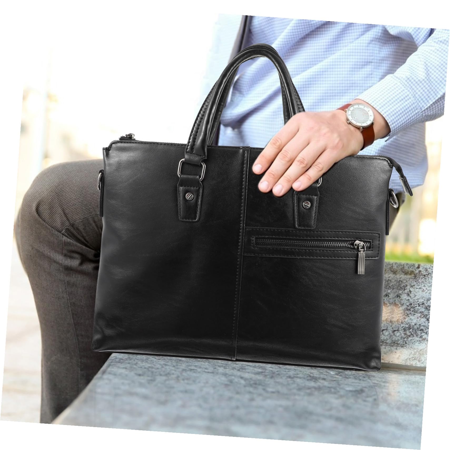 Valigetta Porta Laptop Grande in Pelle Pu Nera Doppio Manico