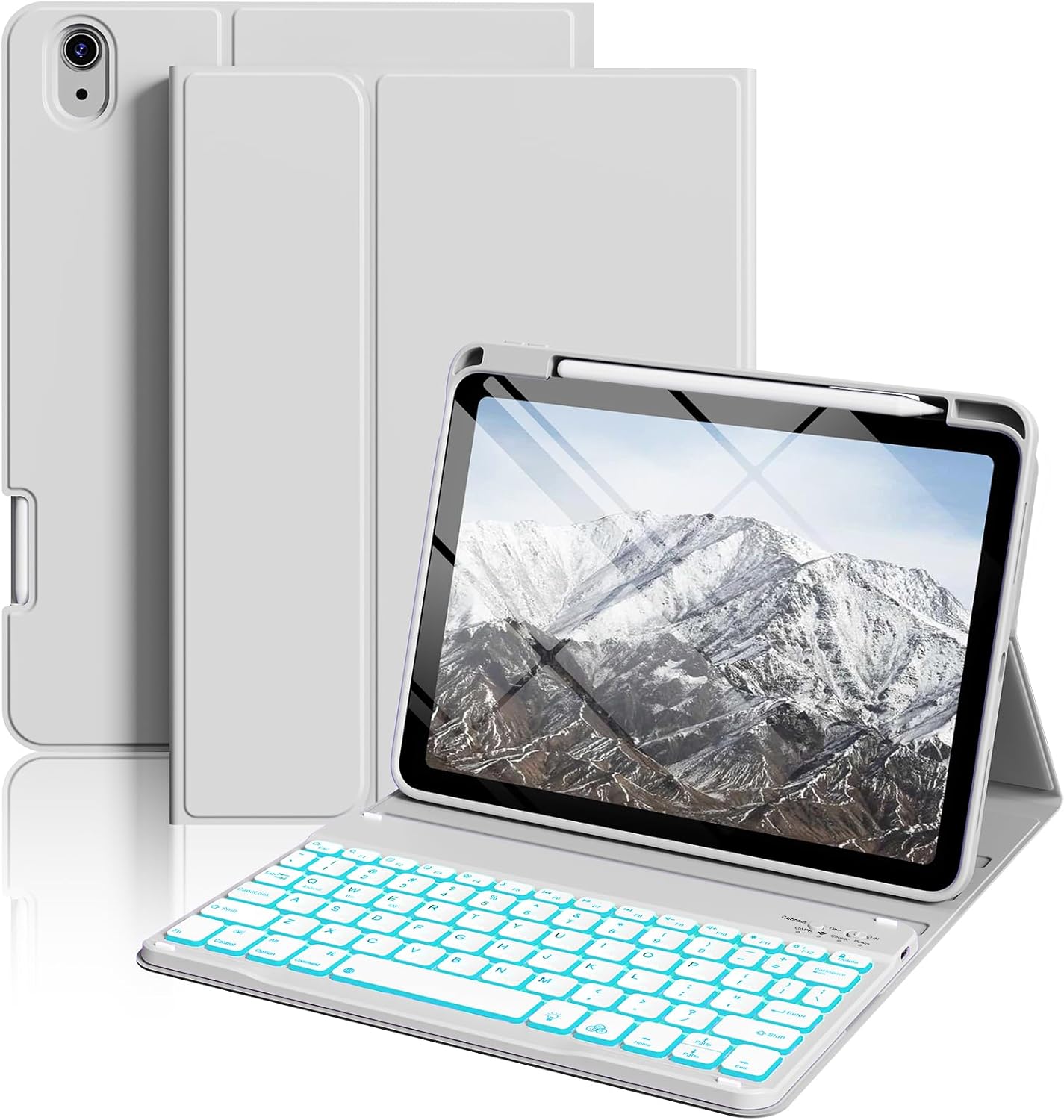 Keyboard Case for iPad (A16) 11th Generation 11 Inch 2025, iPad 10th Generation 10.9 Inch 2022, Smart Folio Cover with 7 Colors Backlit Wireless Detachable Keyboard, Auto Sleep Wake, Grey Backlit Grey (square keys)