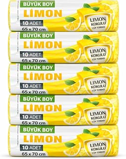 Büyük Boy Limon Kokulu Büzgülü Çöp Torbası, 65x70 cm, 60 Litre, Su Geçirmez, Kalın Çöp Poşeti, 5 Paket 50 Adet (BÜYÜK BOY, LİMON KOKULU)