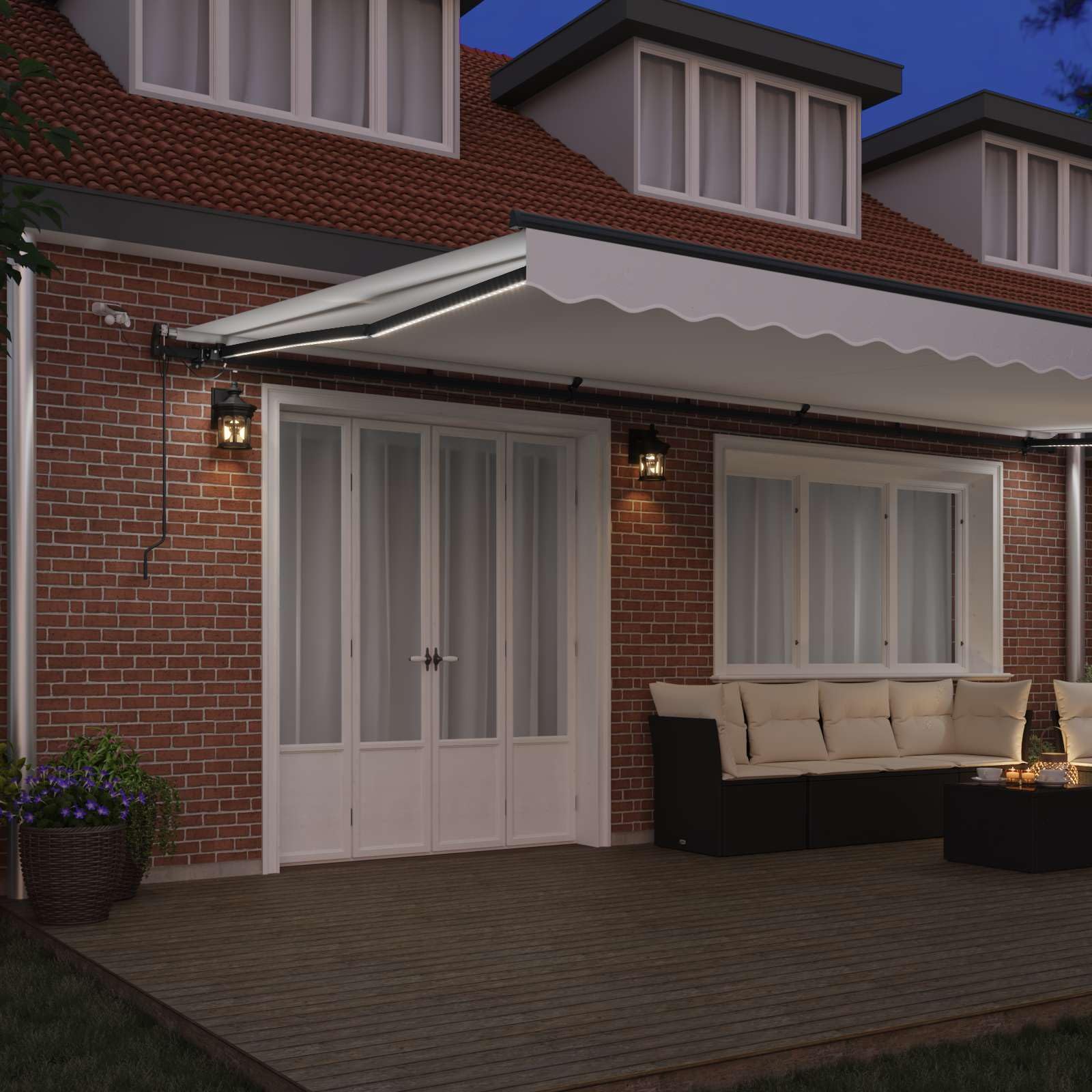 Toldo de brazo articulado 600 x 300 cm, blanco, toldo eléctrico con mando a distancia y sensor de luz de viento, protección solar retráctil de poliéster para terraza, balcón y jardín