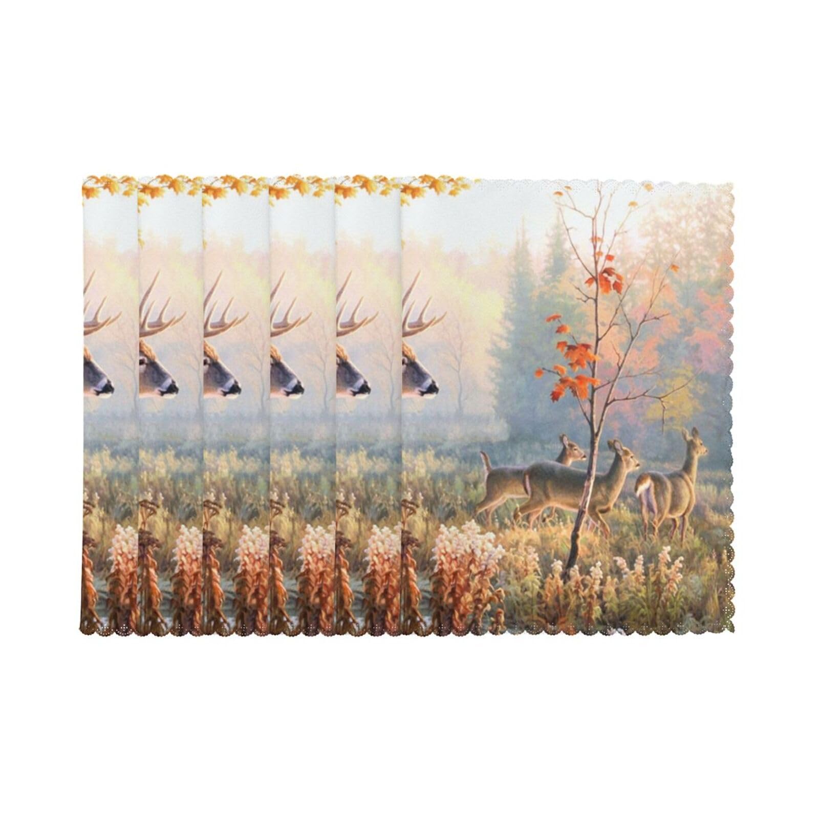 6 PCS Heat Resistant Placemat 45x30 CM, Deer Wildlife Art Printed Non-Slip Place Mats for Kitchen Dining Table Indoor Outdoor