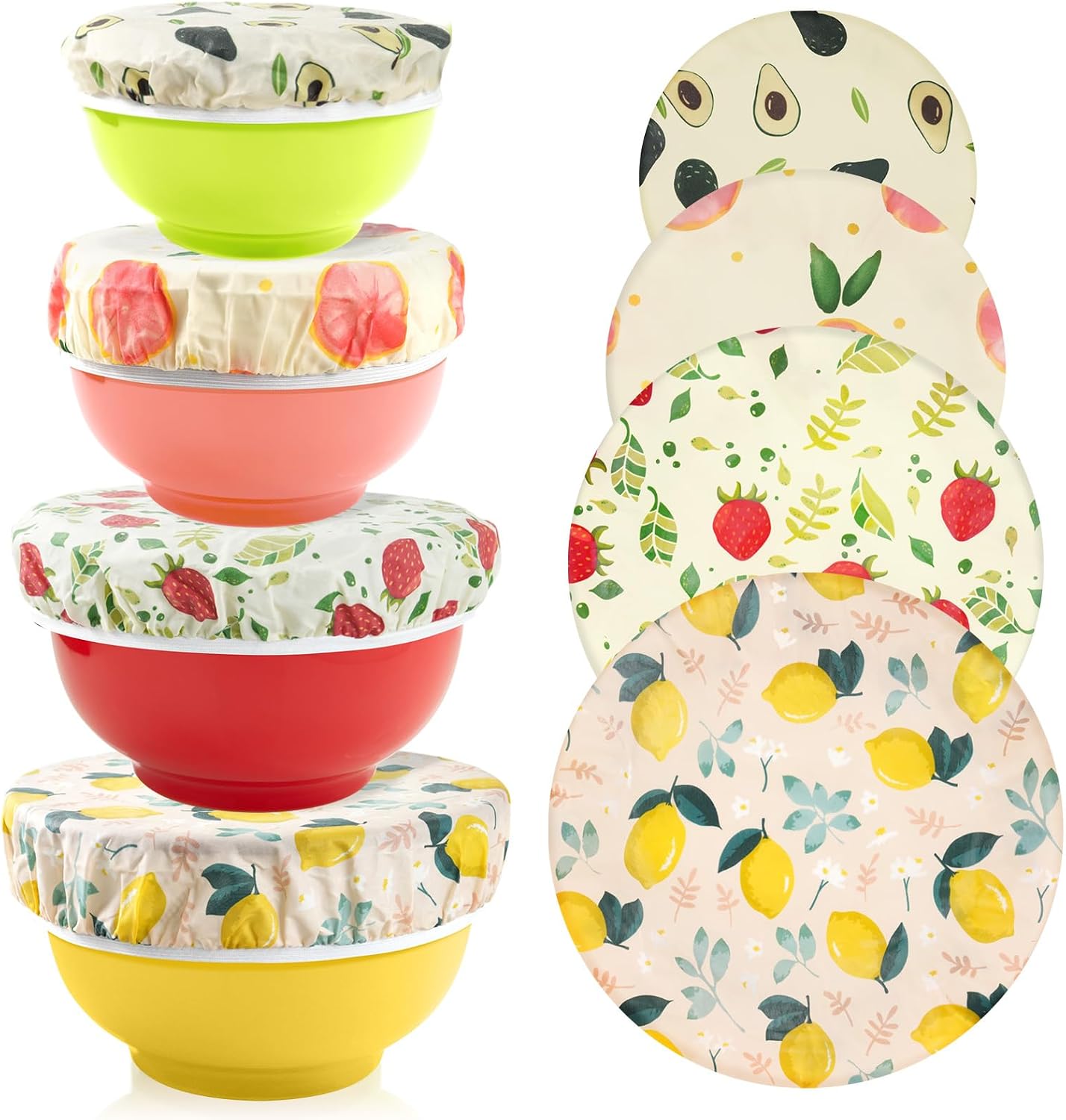 4-Pack Reusable Beeswax Bowl Covers with Fruit Pattern, 6/8/10/12 Inch Elastic Cotton Food Storage Covers for Bread Proofing, Sourdough Dough, Kitchen Containers & Food Storage