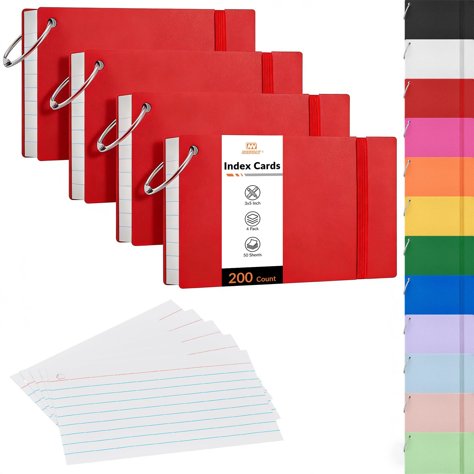 NEEWAY Ruled Index Cards with Ring 3x5 Inches, 200 Count Note Cards Lined, Flash Cards with Rings for Studying, Home and Office (Red)