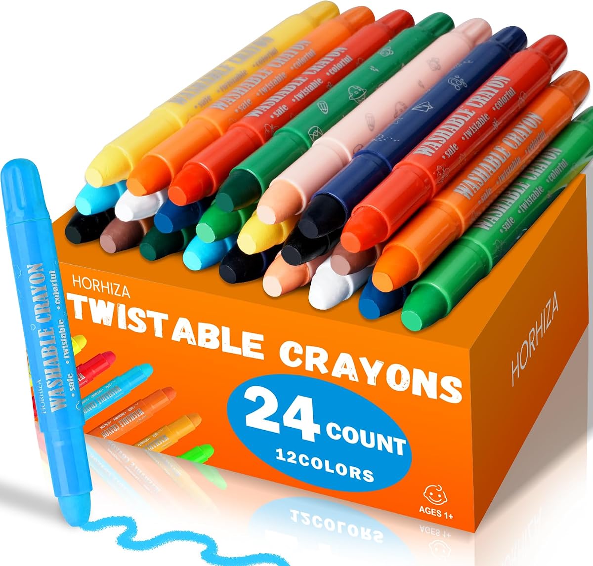 24 Count (12 Colors) Jumbo Twist-Up Crayons for Kids and Toddlers Ages 3+ | Non-Toxic Washable Crayons, Ultra-Silky Easy-Grip Art Supplies, Gift for Girls & Boys