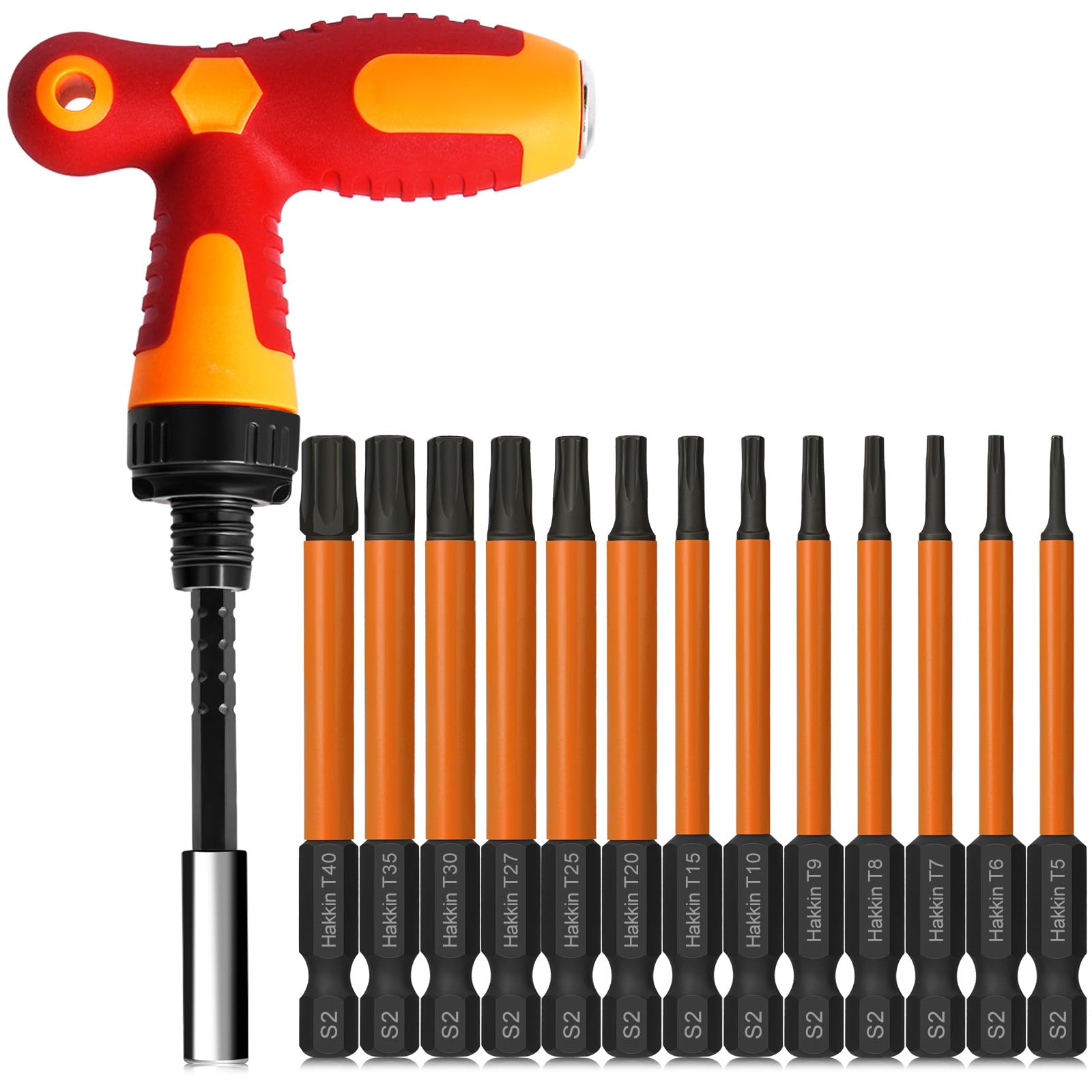 Hakkin Torx Bit Set - 13pcs Tamper Proof Torx Bits (T5-T40) with T-Ratchet Screwdriver - 75mm - S2 Steel - 1/4" Hex Shank - Magnetic