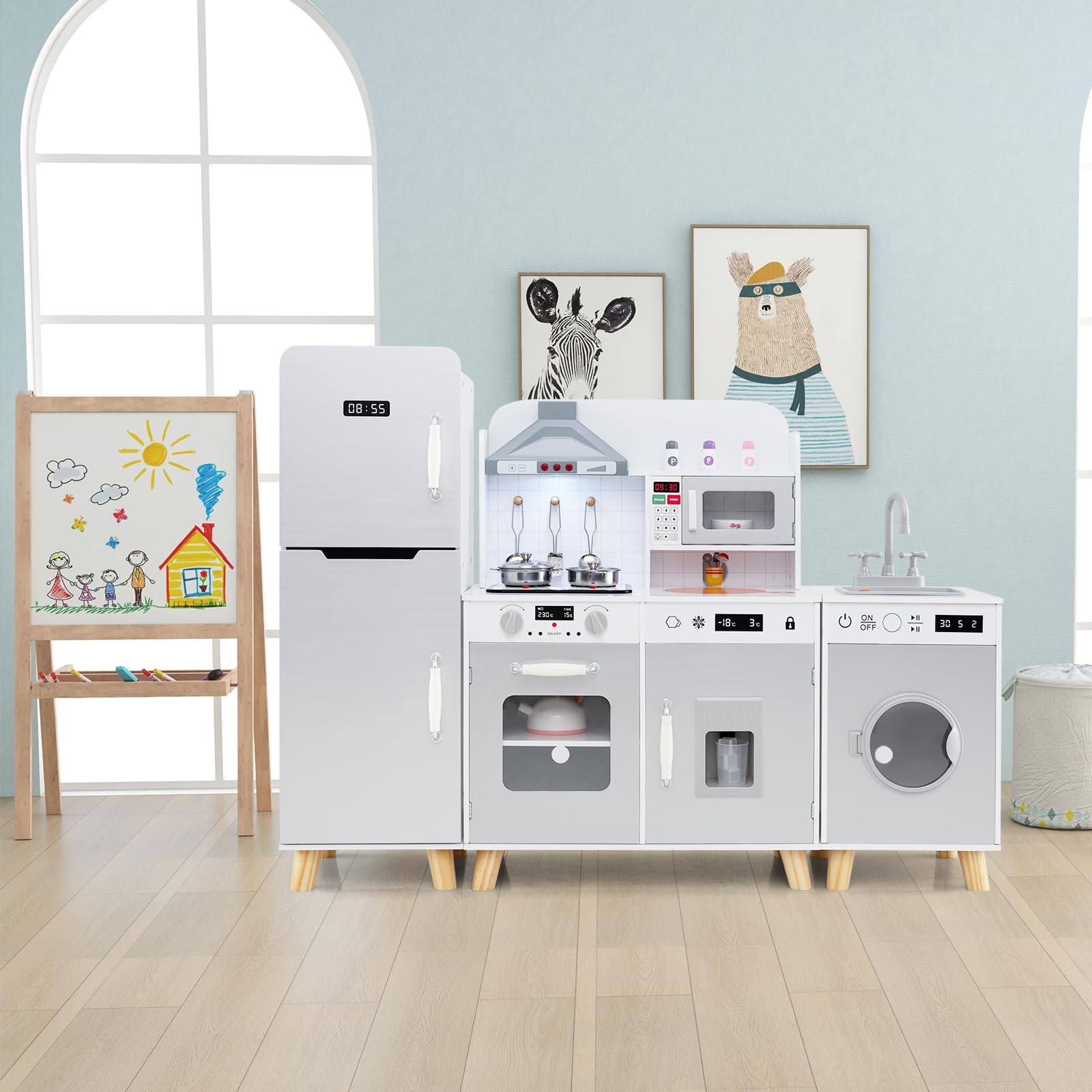 HOMASIS Kinderküche Holz, Spielküche mit Zubehör, Spielzeugküche mit Spüle Waschmaschine Kühlschrank Herd Ofen Mikrowelle Eismaschine, Kinderspielküche mit Licht & Sound, für Kinder ab 3 Jahre, Weiß