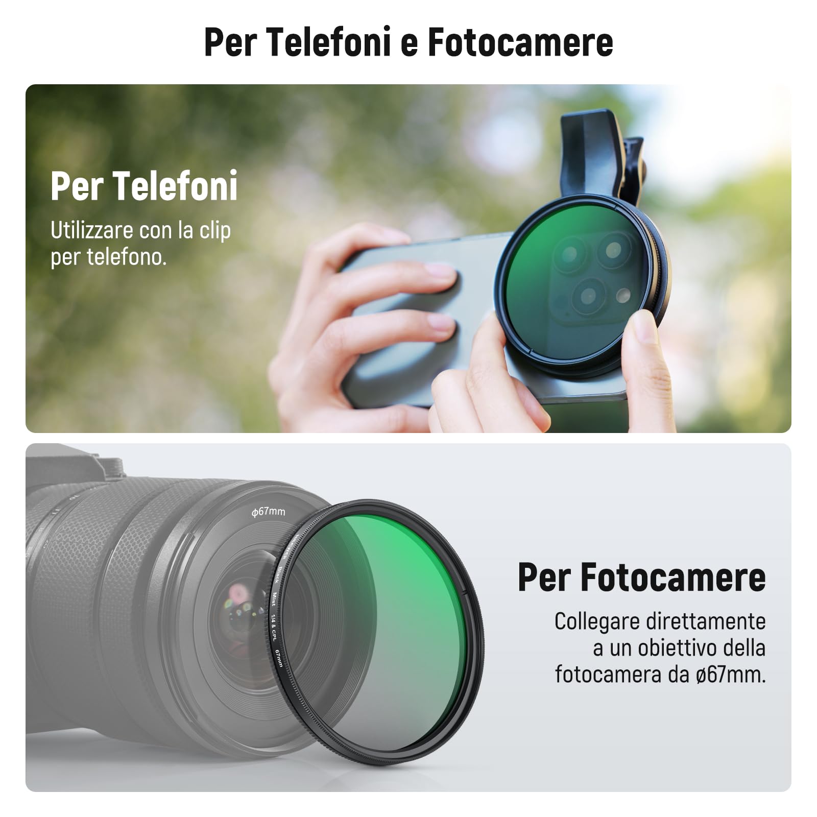 NEEWER 2in1 67mm Filtro CPL e Balck Diffusion 1/4 a Clip Compatibile con iPhone 17 16 15 Pro Max Plus 16e 14 13 Mini 12, Polarizzante Circolare per Obiettivo Telefono, Kit Accessori Fotografia,FL-B35