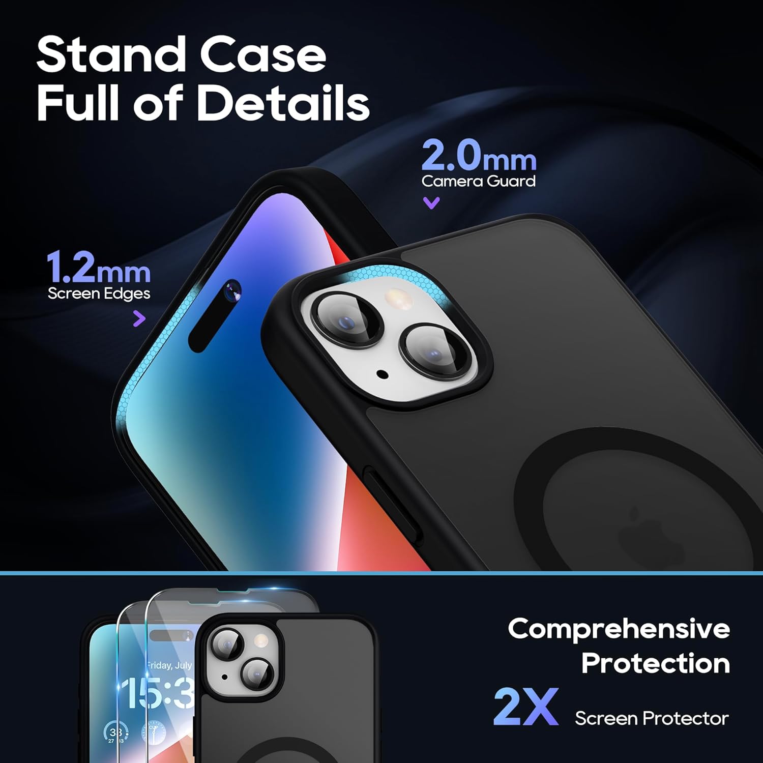 Magnetic Case for iPhone 15 Case with Stand, Slim Kickstand with Screen Protector Compatible with Magsafe Shockproof Translucent Matte Cases Phone Case Cover 6.1-Inch (2023), Black - Image 3