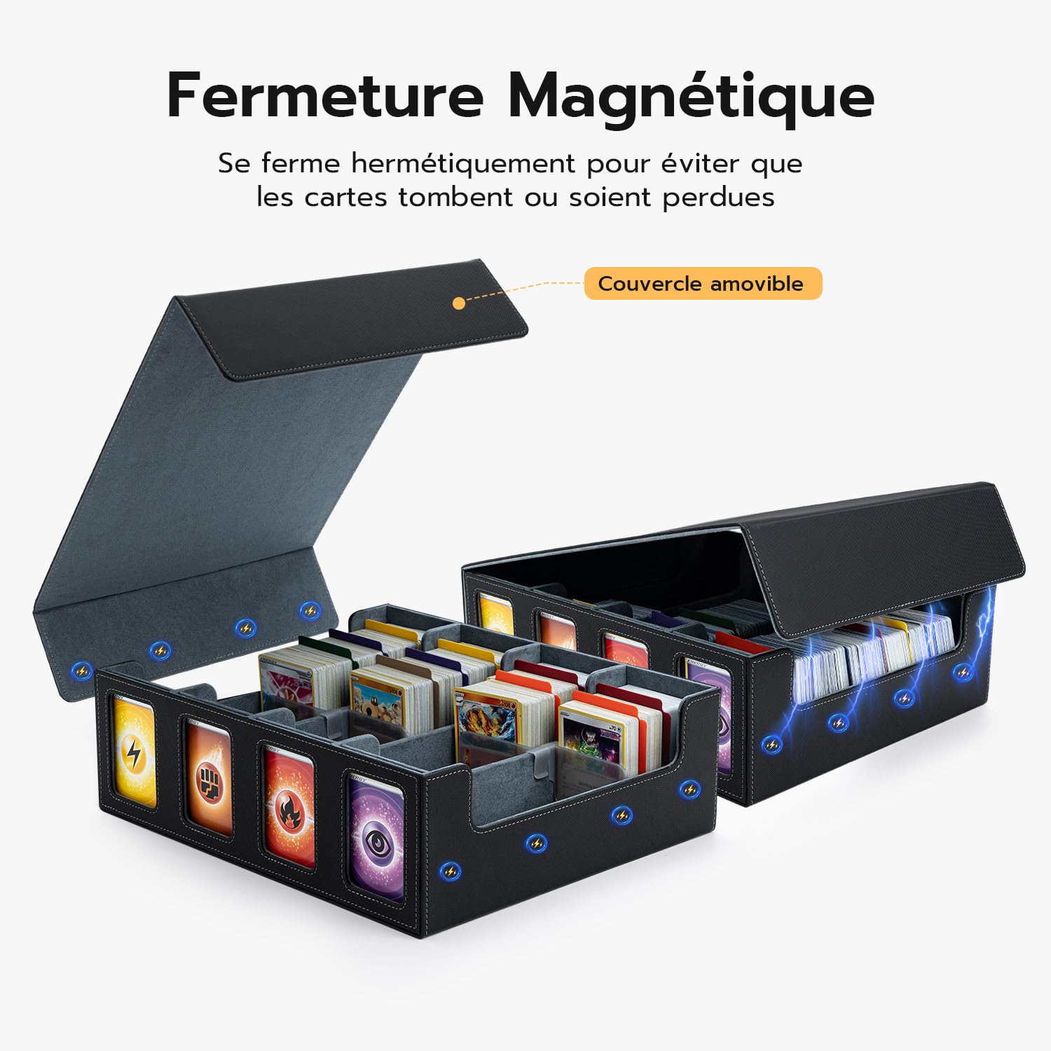 Boîte à Cartes Pour MTG, 4 Rangées Deck Box Pour plus de 3200 cartes, Boîte à Rabat Magnétique Avec Cuir Pu Pour Cartes Magic Commander TCG avec 12 séparateurs multicolores et 8 clips – Noir