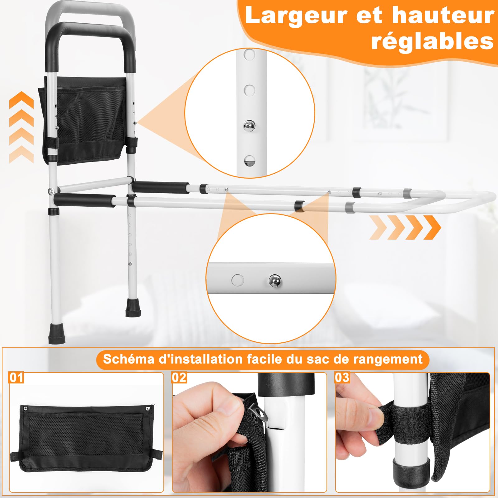 OUUTMEE Barriera del letto con piede di sostegno, regolabile in altezza, max. 150 kg | Maniglie per letto di sostegno, maniglia antiscivolo, borsa di stoccaggio, anti-caduta e sicurezza per anziani