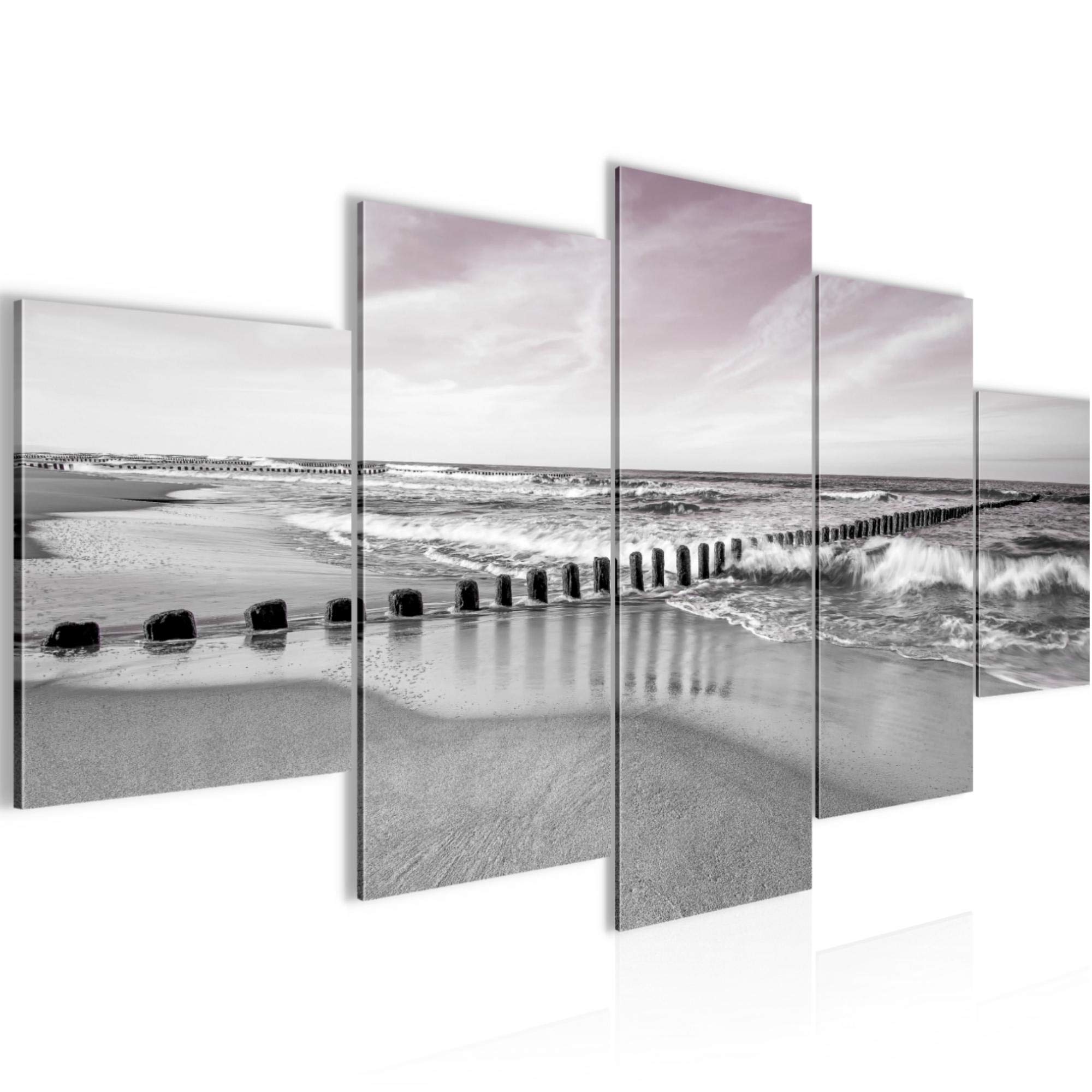 Runa Art Tableau Plage Mer 200x100cm 5 Parties XXL - Décoration Murale Bleu Rose