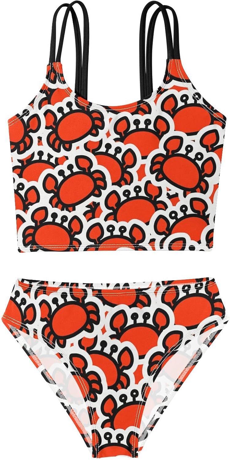 visesunny Girls Two Piece Swimsuits Cartoon Red Crab Vector Girl's Bikini Sets Bathing Suits for Girls Size 5-12Y