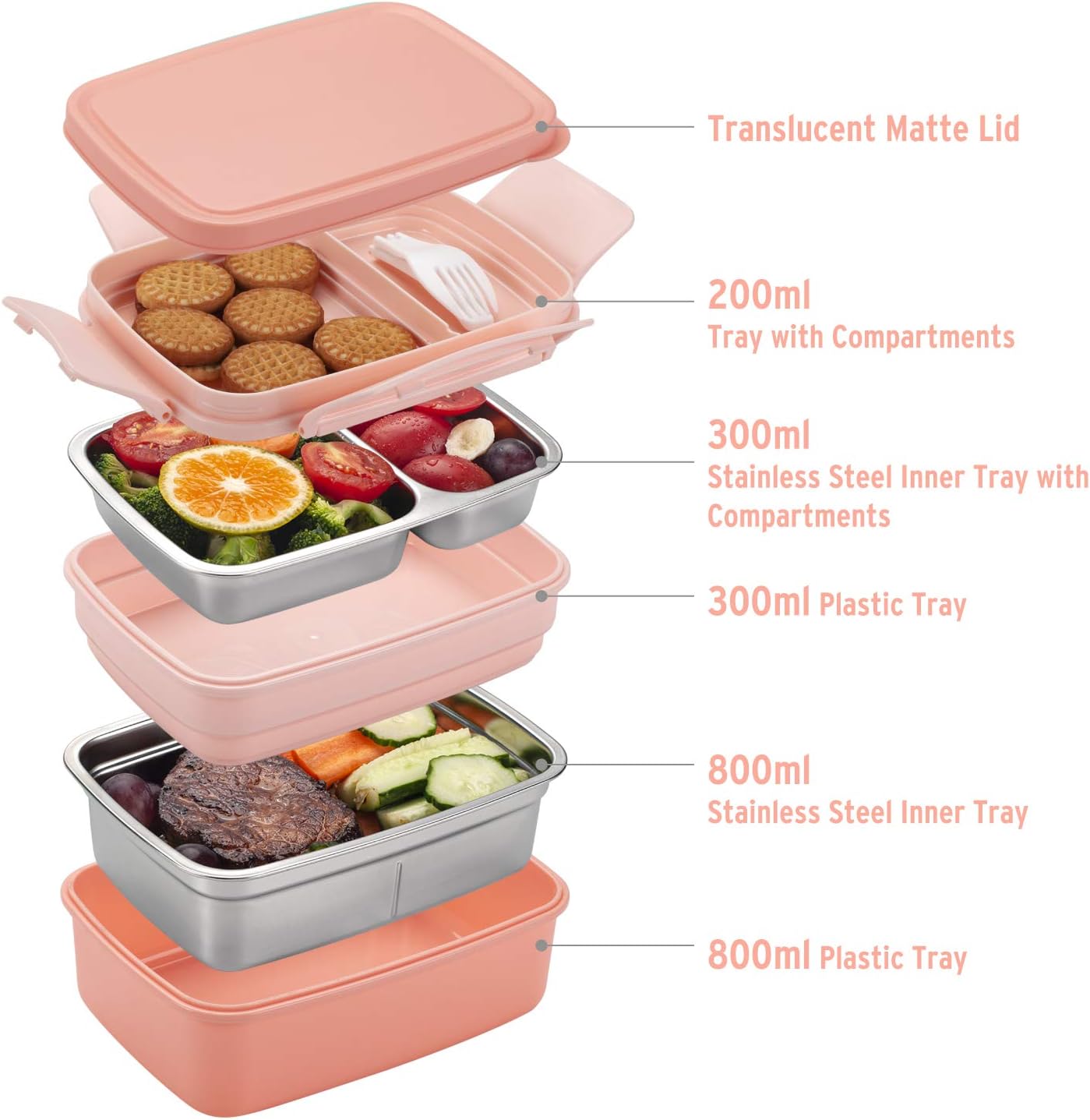 Freshmage Stainless Steel Bento Box for Adults & Kids, Leakproof Stackable Large Capacity Dishwasher Safe Lunch Container with Divided Compartments, Pink: Home & Kitchen