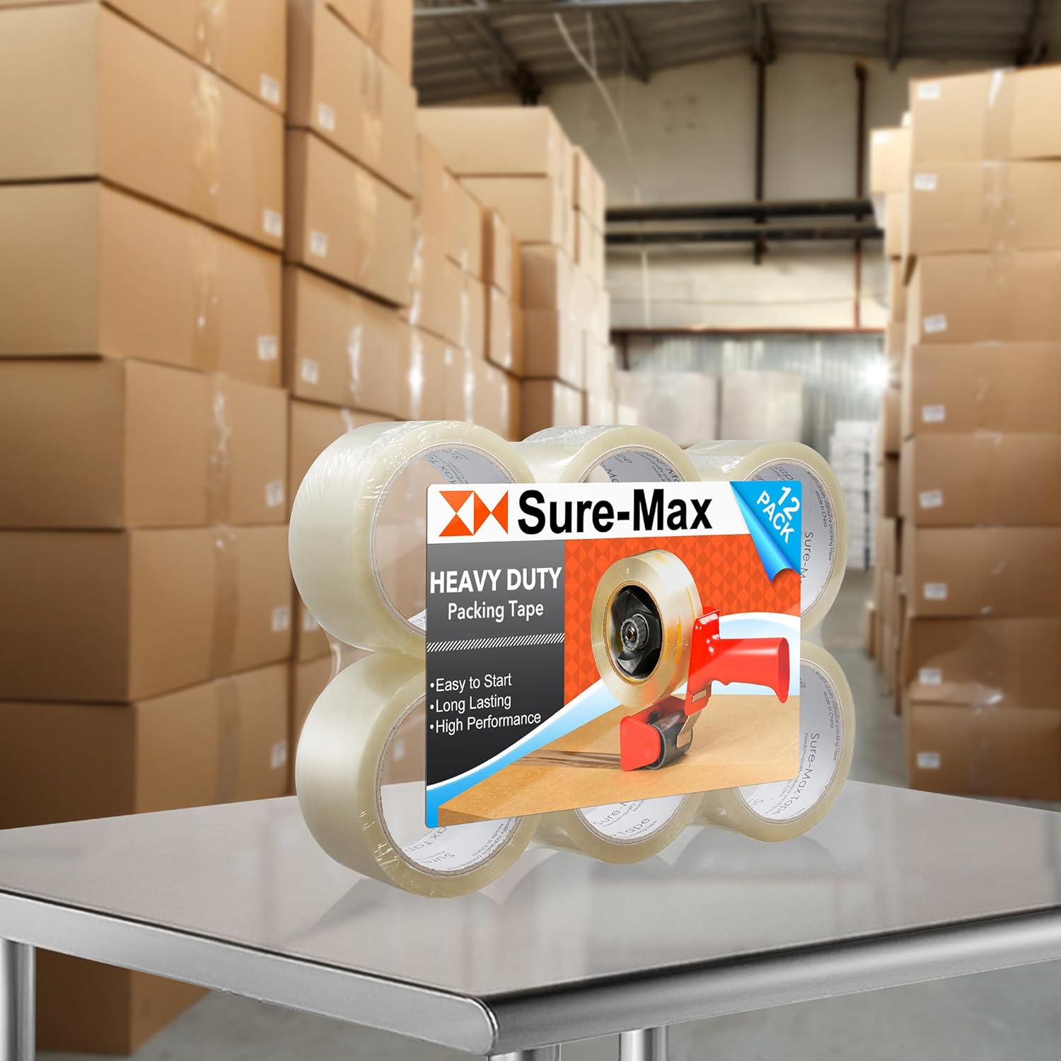 Sure-Max 12 Rolls Heavy-Duty Shipping & Packing Tape (2" x 60 yard/180' Each) - Moving & Adhesive Carton Sealing - 2.7mil Clear