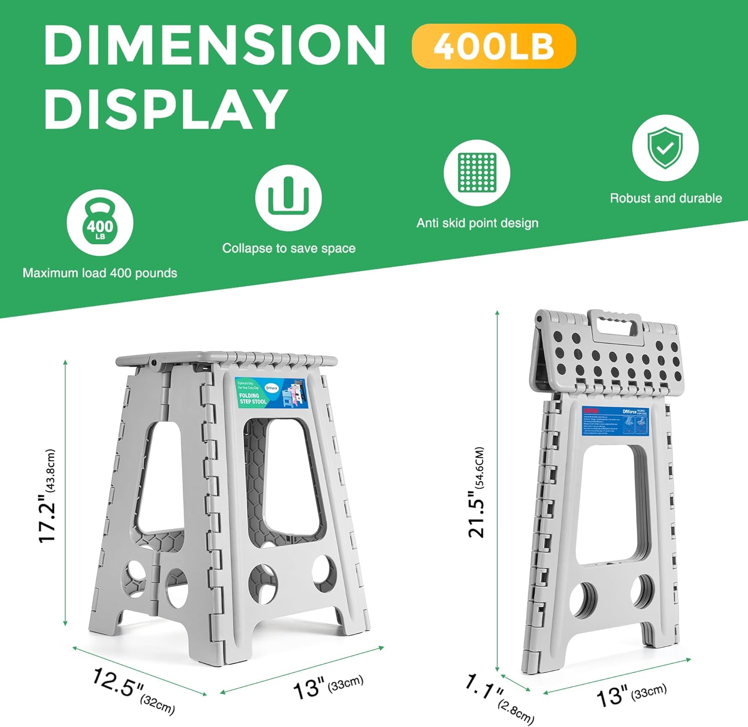 Dyforce 17.5 Inch Folding Step Stool 400lbs Capacity Sturdy Plastic Foldable Step Stools for Adults Stepping Stool with Handle Easy to Carry Handle Folding Stool Ideal for Kitchen (Grey 1PC)