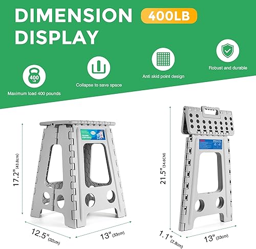 Miniatura 7 de Taburete plegable de 16 pulgadas, capacidad de 400 libras, taburete plegable de plástico resistente para adultos y niños, taburete con asa, fácil de